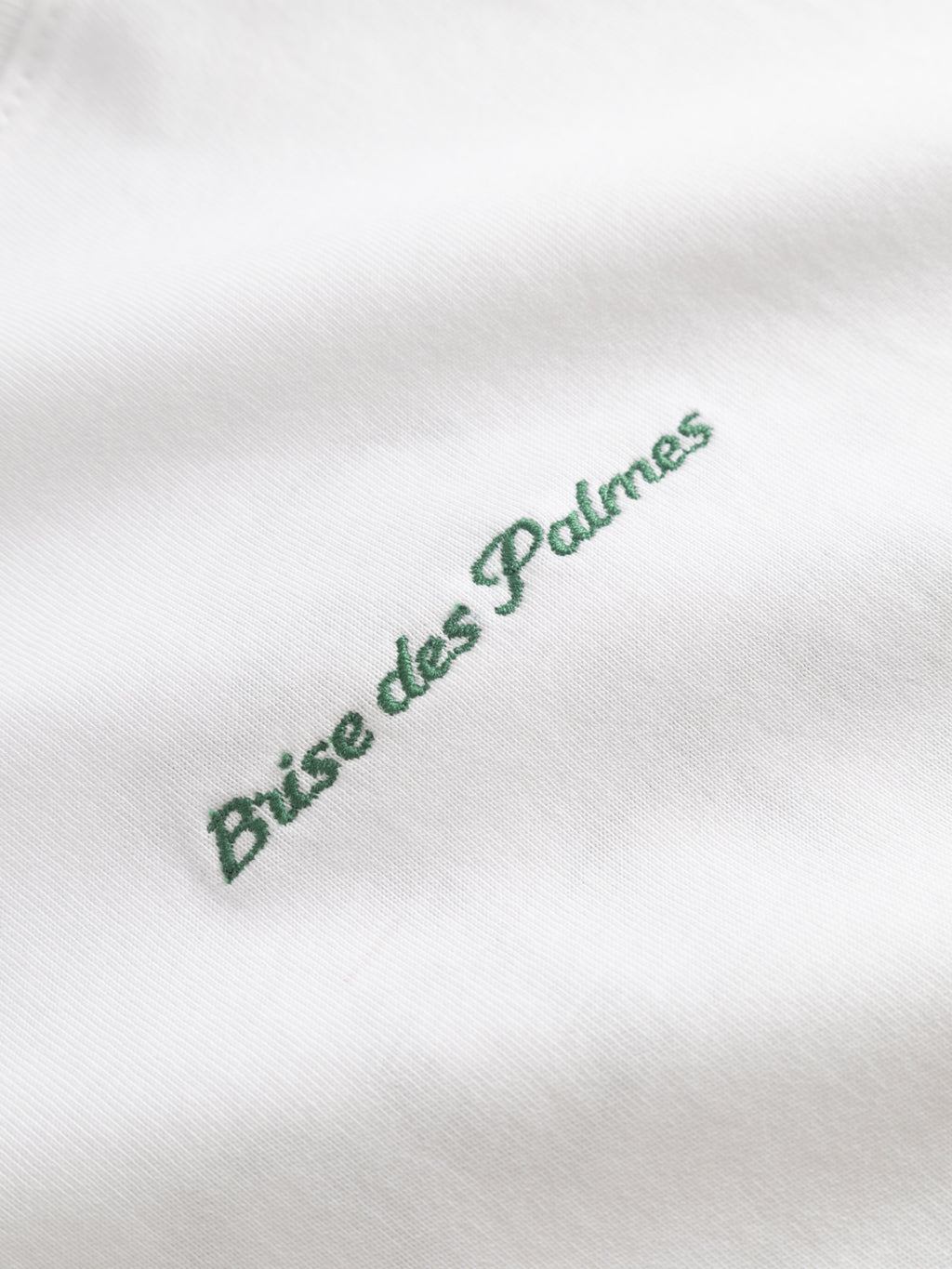 Close-up of the Gabba GABnigel NBH SS T-Shirt GOTS in white, made from organic cotton, featuring “Brise des Palmes” embroidered in green cursive.