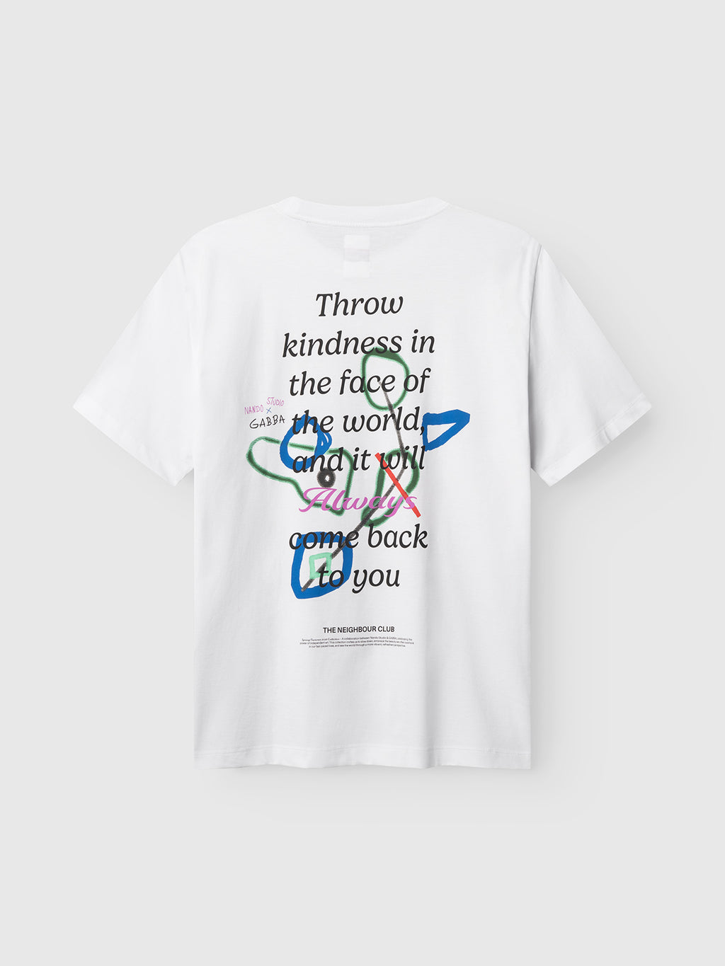 The Gabba GABnigel Boxy Nando SS T-Shirt GOTS in white features colorful, overlapping text on the back: 