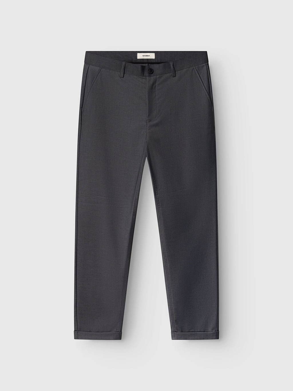 The Gabba GABjoe Turnup Fin Pant in light grey features a tapered fit, twill viscose blend, side pockets, and belt loops, displayed on a light gray background.