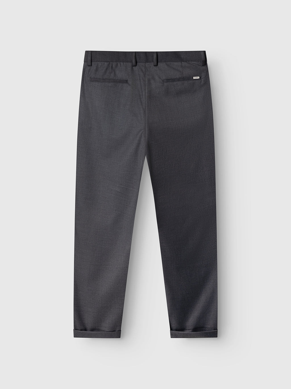 The Gabba GABjoe Turnup Fin Pant in light grey is shown from the back, featuring belt loops, two back welt pockets, and pressed legs in a soft twill viscose blend against a plain light grey background.