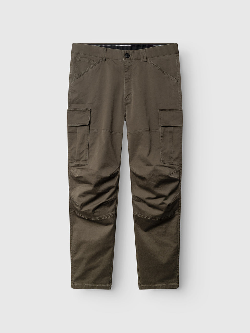 The Gabba GABjoe Vico Cargo Pant in army green features a tapered fit, side pockets, front button and zip closure, and articulated knees, shown flat on a light gray background.