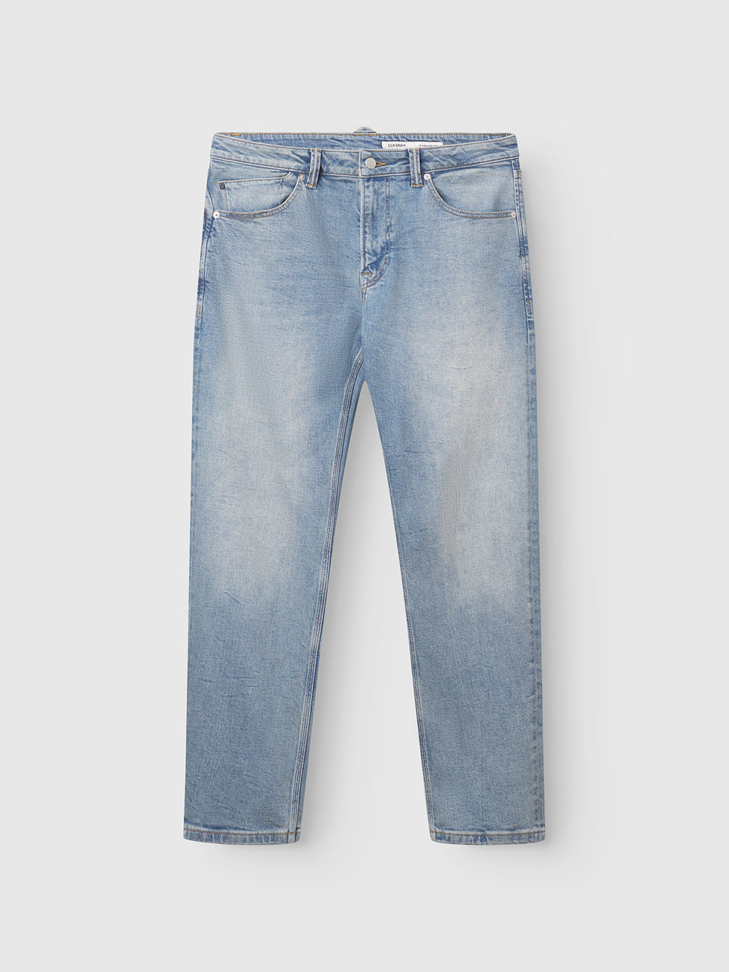 Gabba GABcarl CrosV2 Jeans in light blue denim feature a straight-leg cut, faded wash, five pockets, and a button closure, laid flat on a white background for a modern jeans look.