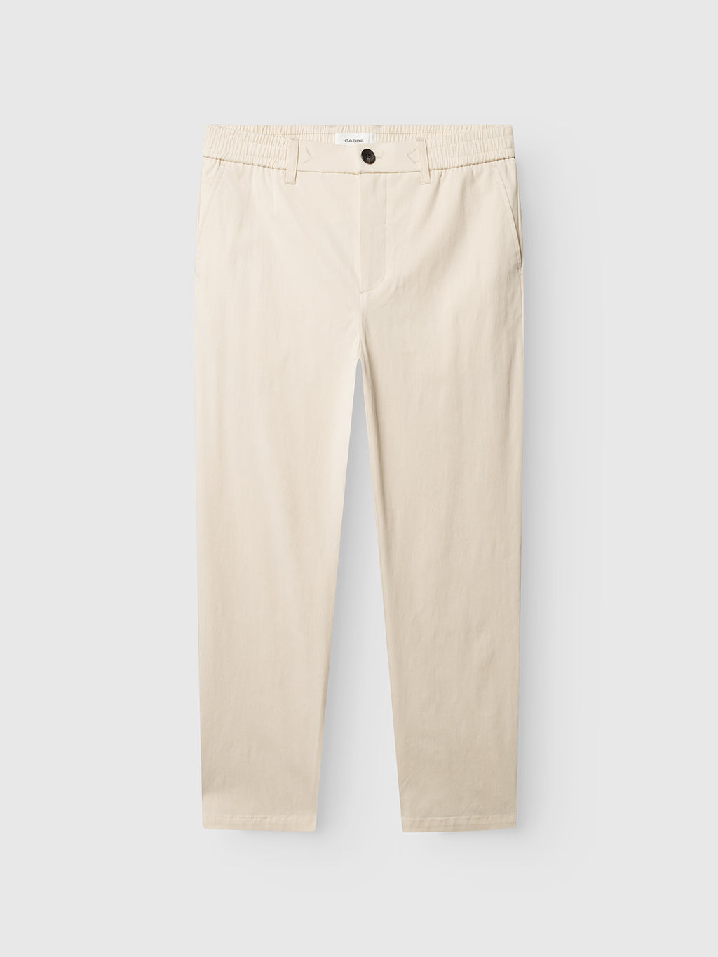 The Gabba GABmonza Tasca Bolu TENCEL™ Pant in Birch features a relaxed straight fit, elastic waistband, side pockets, and button closure, shown against a plain white background.