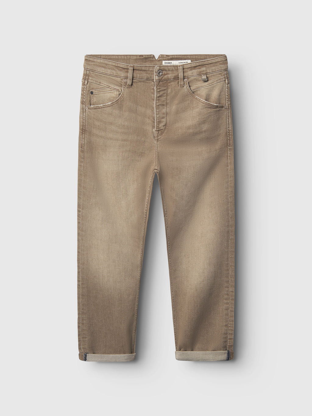 A pair of Gabba GABalex Earth - Sand relaxed-fit jeans, featuring a button and zip fly, front and back pockets, and rolled-up cuffs, displayed flat on a white background.