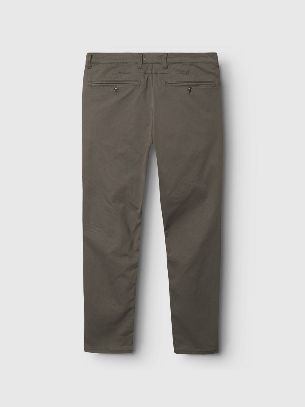 Back view of Gabba GABpaul K3280 Dale Chino - Dk. Brown showing slim leg opening, two buttoned welt pockets, belt loops, and French pockets, laid flat on a light gray background.