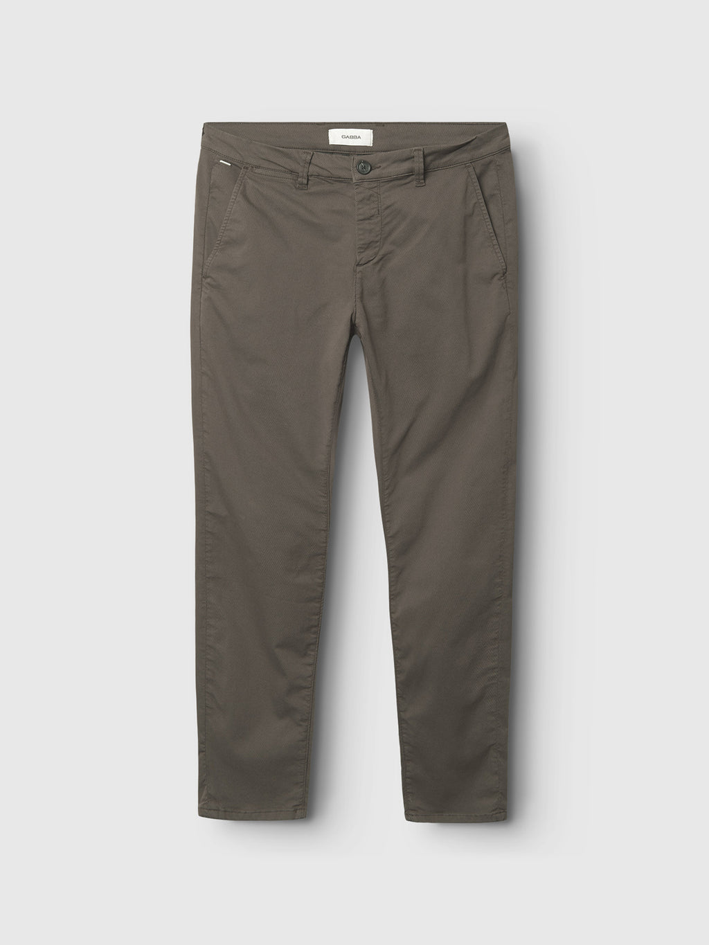 The Gabba GABpaul K3280 Dale Chino in dark brown features a straight-leg slim fit, French pockets, belt loops, and a button closure, shown laid flat on a white background.