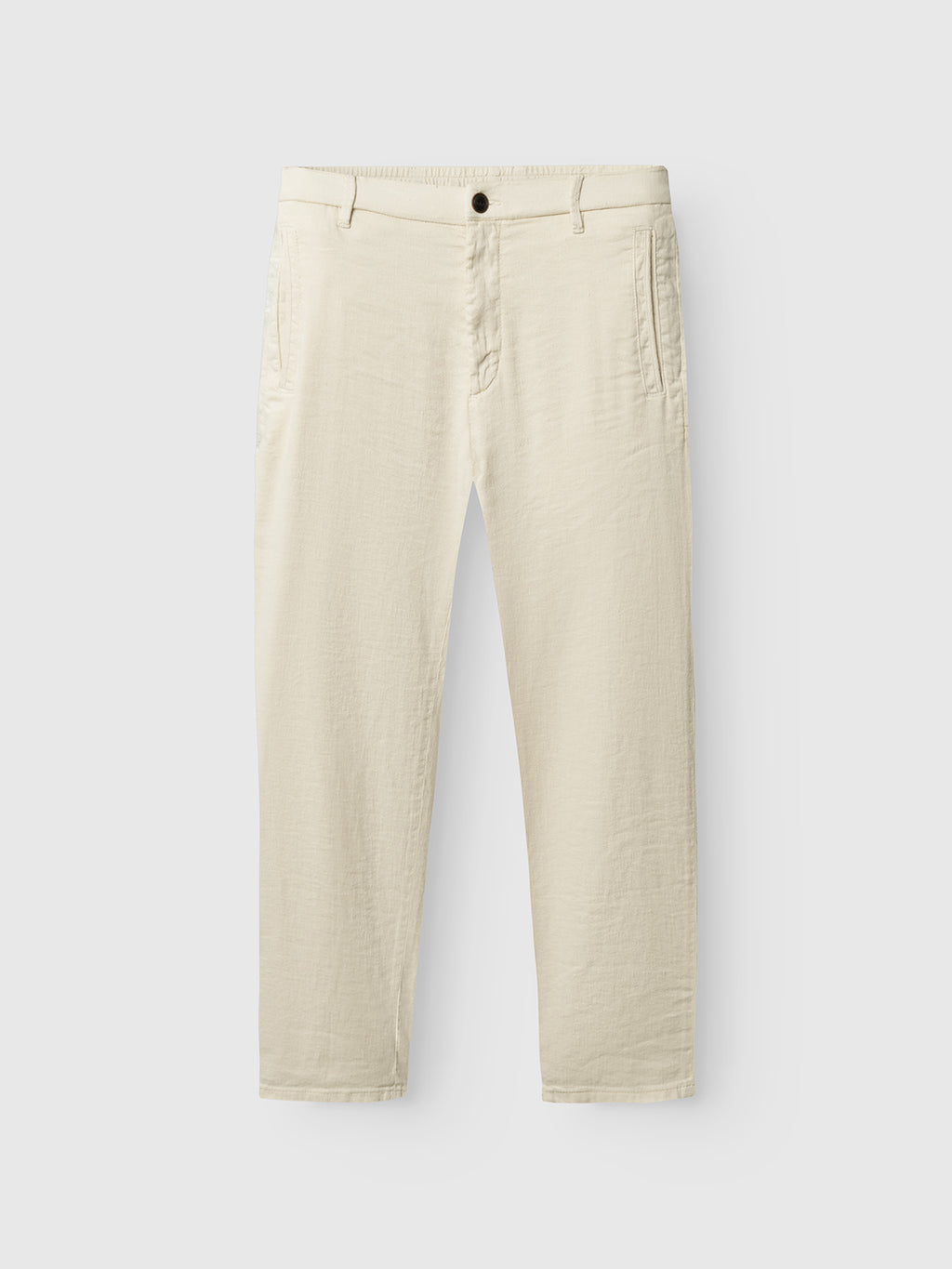 The Gabba Napoli 19 Twill Linen - Birch pants feature a classic fit in light beige with side pockets, belt loops, and button closure, laid flat on a white background for a comfortable look.