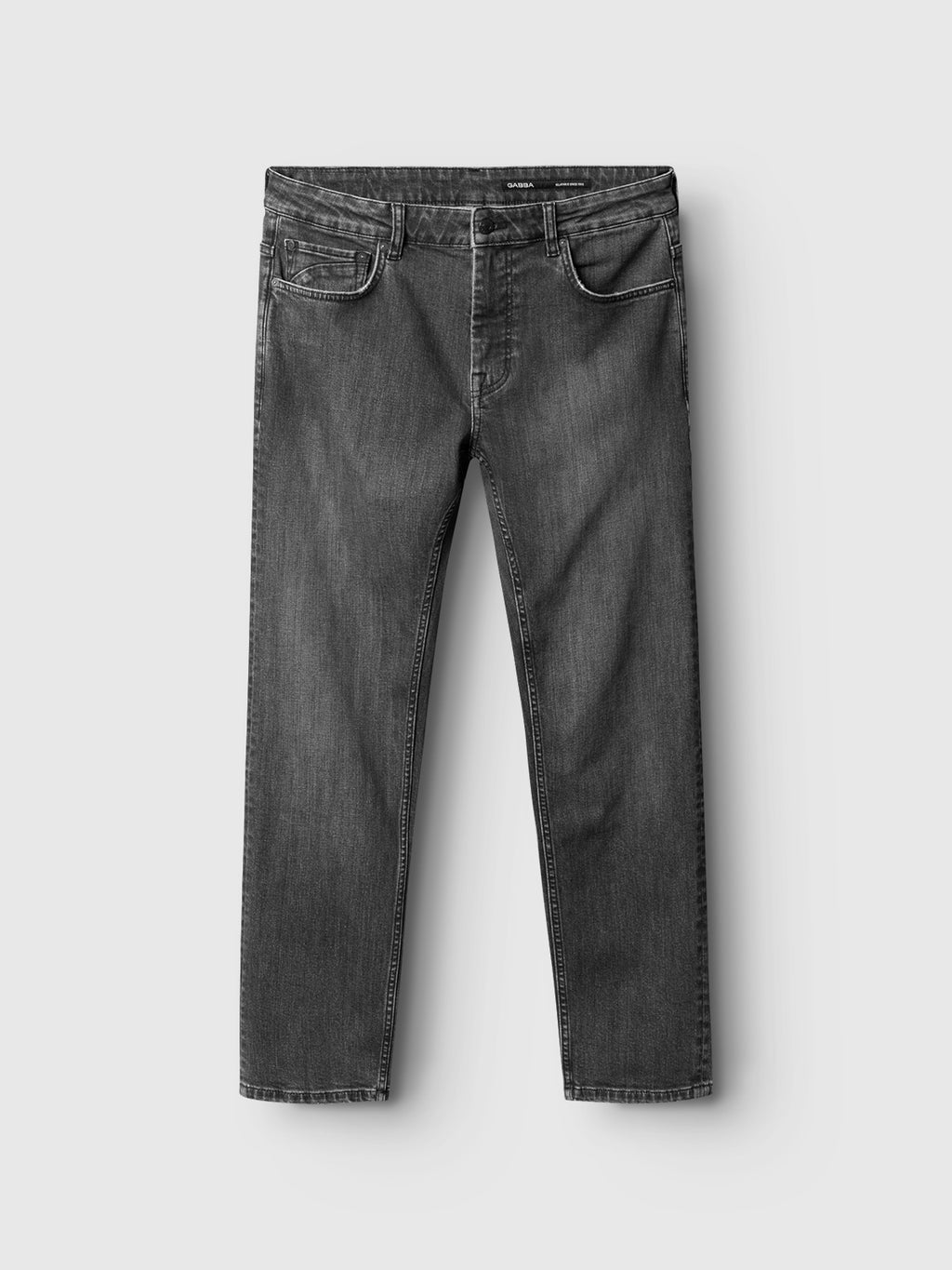 A pair of Gabba GABmarc F1011 black denim jeans in a classic fit with straight legs and front and back pockets, laid flat on a light gray background.