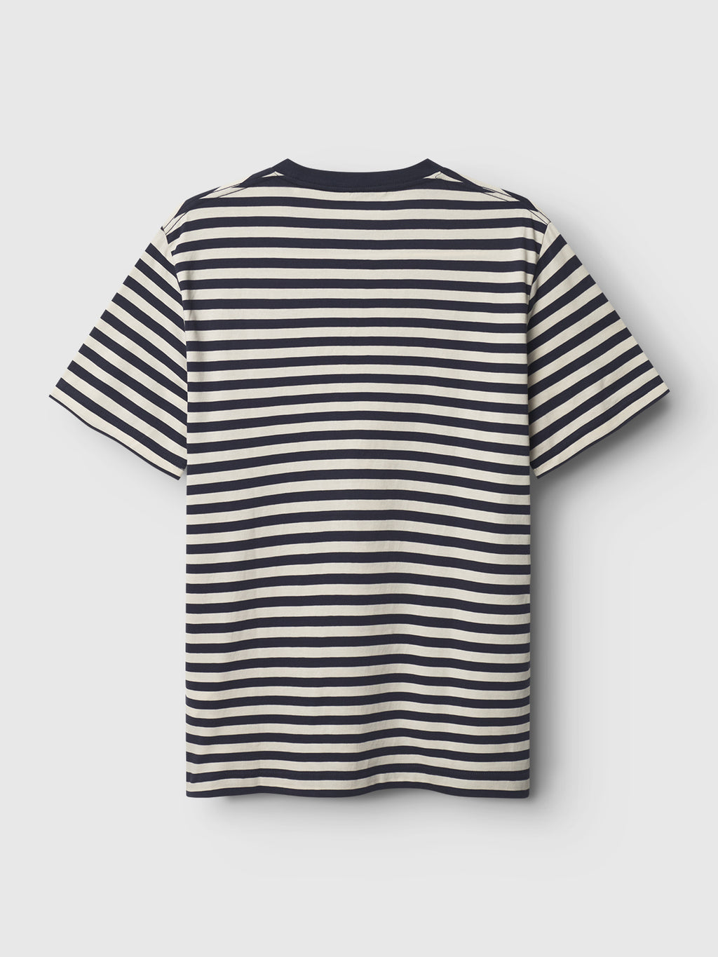 The Gabba GABdune Logo Stripes SS GOTS - Navy Stripe is a classic fit t-shirt with horizontal navy and white stripes, seen flat from the back. Made from soft organic cotton, it delivers timeless comfort and style.