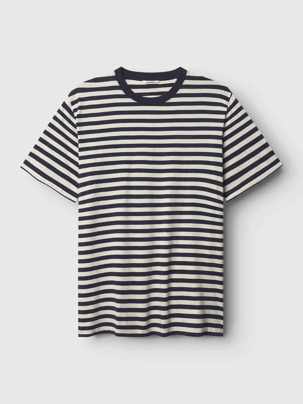 The Gabba GABdune Logo Stripes SS GOTS - Navy Stripe is a classic fit t-shirt with horizontal navy and white stripes and a solid navy crew neckline, shown flat on a white background.