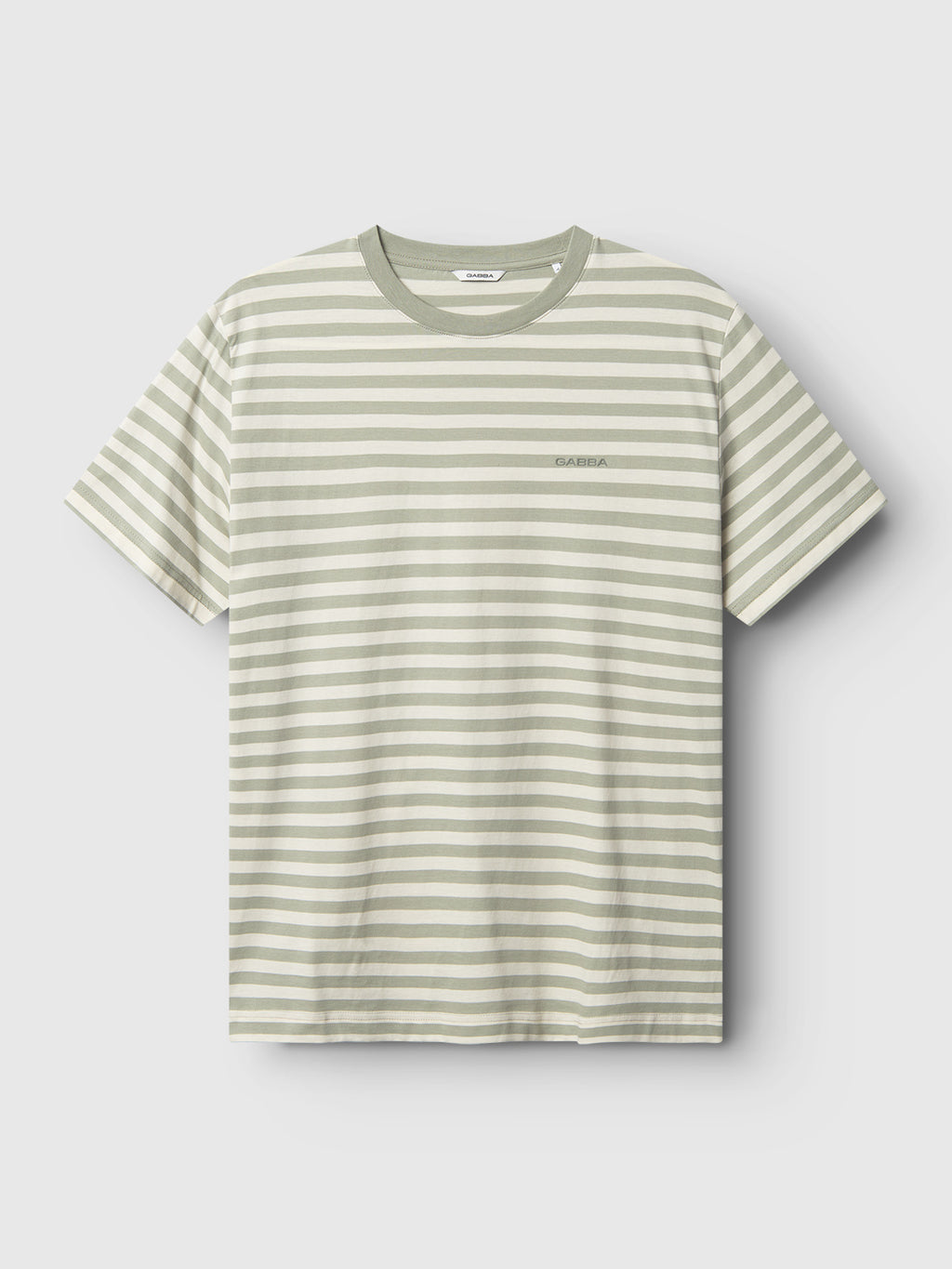 The Gabba GABdune Logo Stripes SS GOTS is a short-sleeved organic cotton tee with light green and white stripes, a solid light green crew neck, and a subtle embroidered logo on the left chest.