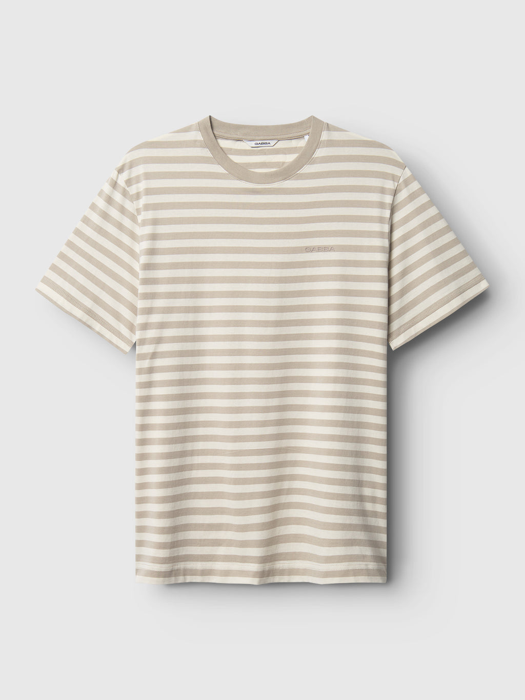 The Gabba GABdune Logo Stripes SS GOTS is a beige stripe short-sleeve t-shirt made from soft organic cotton, shown on a light gray background.