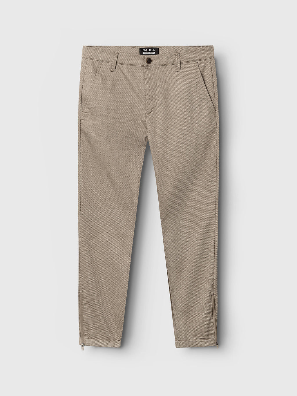 A pair of GABBA Pisa K3280 Dale Pants in Humus, featuring a slim fit, front and back pockets, belt loops, and ankle zippers, displayed flat on a light gray background.