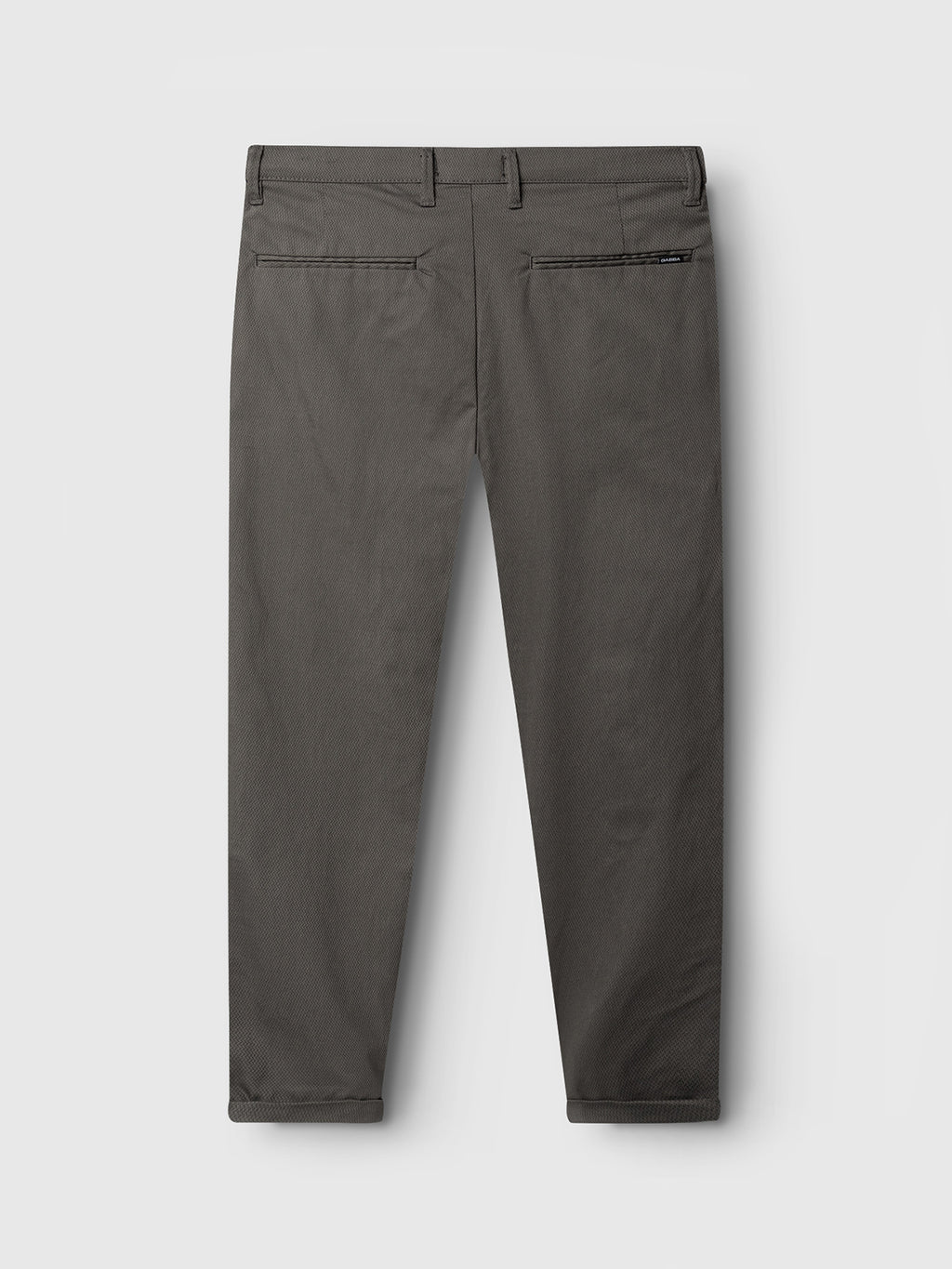 Back view of GABBA Pisa K3280 Dale Pants in grey, showcasing a tapered city fit with cuffed hems, belt loops, and two back welt pockets, made from high-stretch cotton-blend fabric and laid flat on a white background.