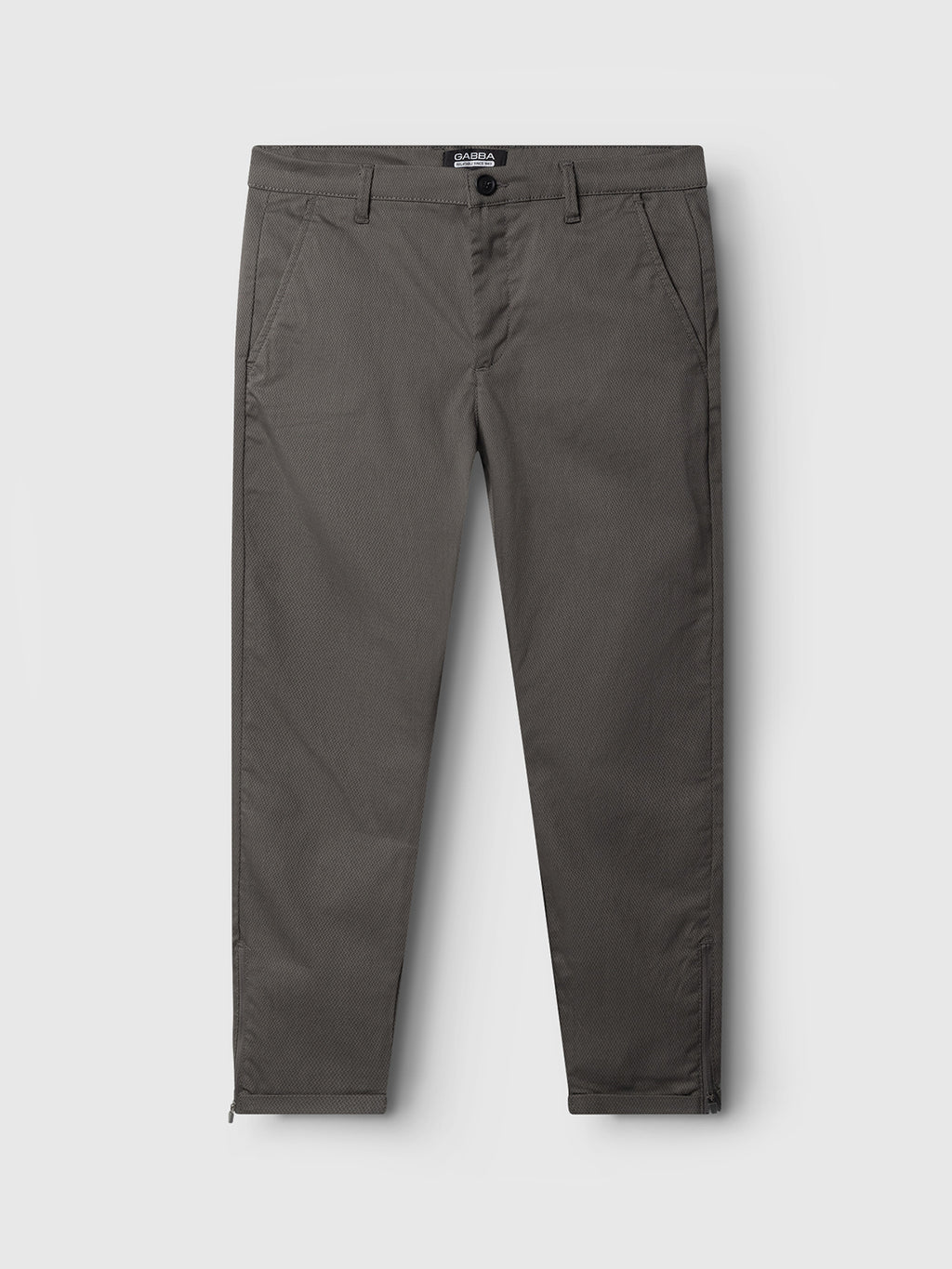 A pair of GABBA Pisa K3280 Dale Pants in grey, featuring a straight-leg cut, high-stretch cotton-blend fabric, side pockets, zip fly, and single button closure, displayed flat on a light gray background.