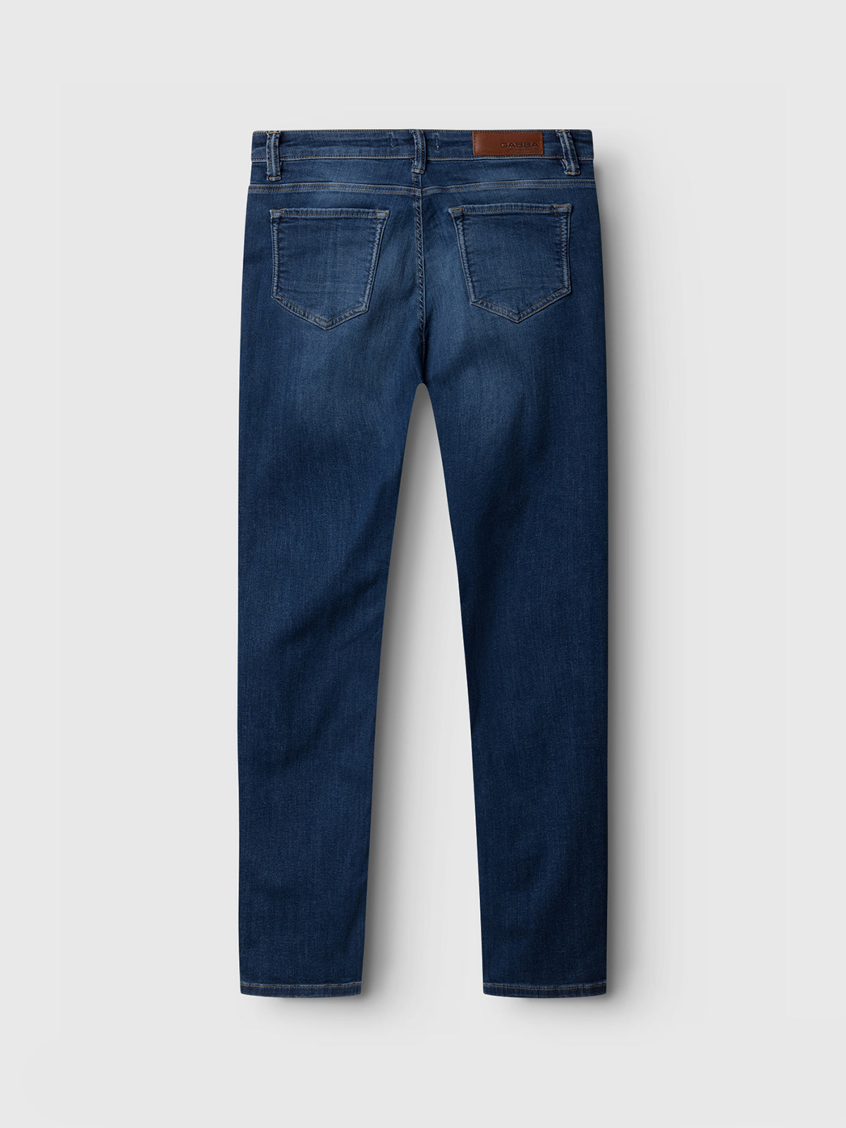 Gabba GABjones K3870 Mid Blue Denim slim fit jeans, shown from the back with two back pockets, a brown leather patch on the waistband, and gold stitching, laid flat on a light gray background.