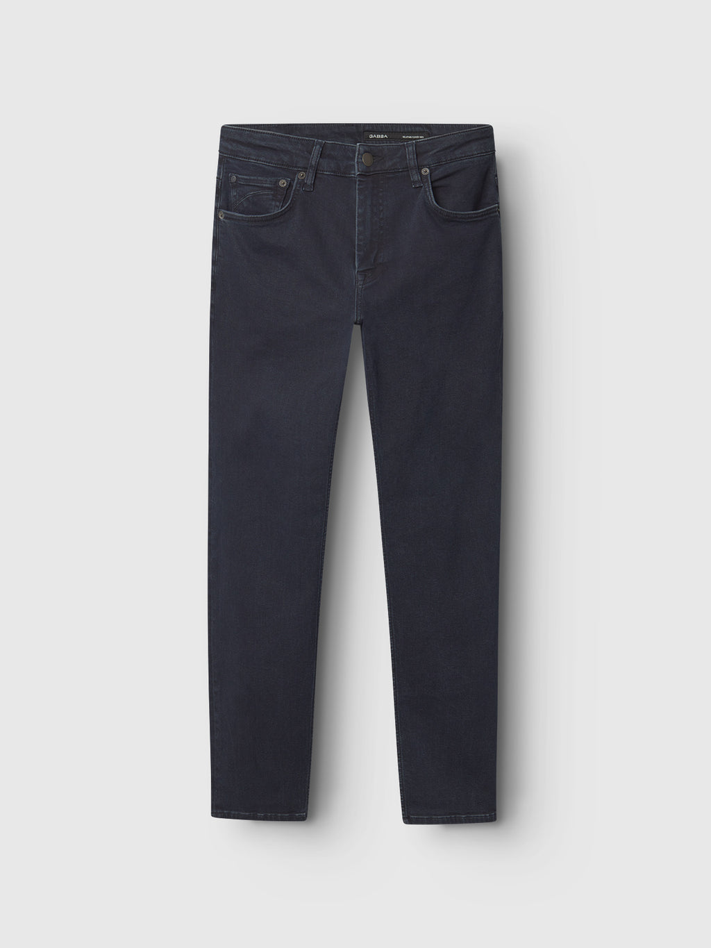 A pair of Gabba GABmarc Panter dark blue denim jeans featuring a slim thigh fit, five pockets, belt loops, and a button closure are laid flat on a light background.