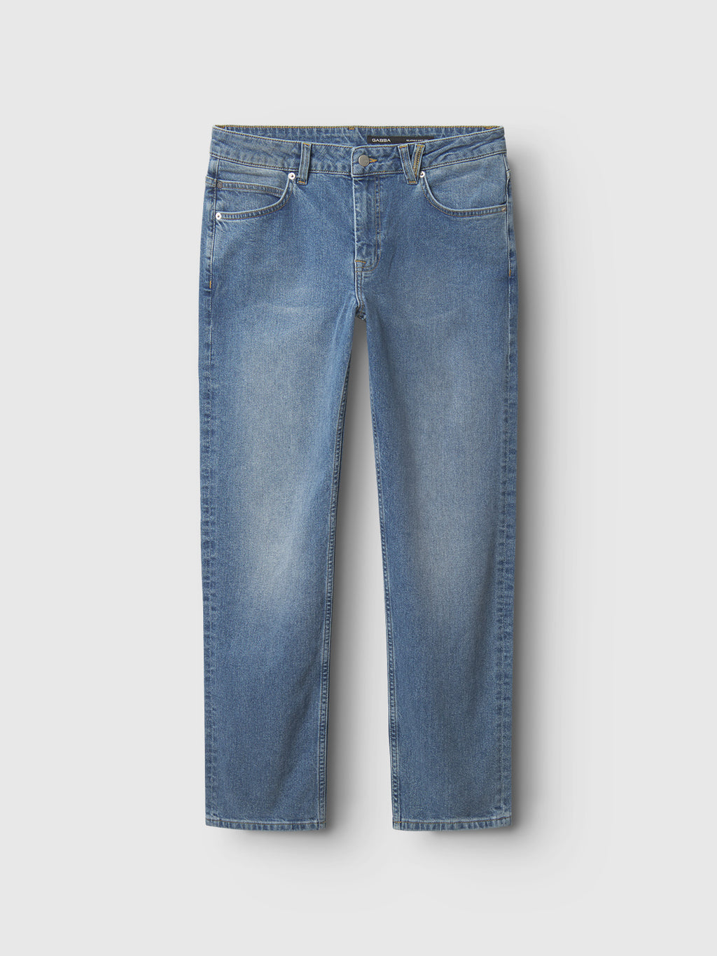 A pair of Gabba GABMarc 5poc - Mid Blue Denim straight fit jeans featuring a classic five-pocket design, button and zipper closure, and slight thigh fading, laid flat on a white background.