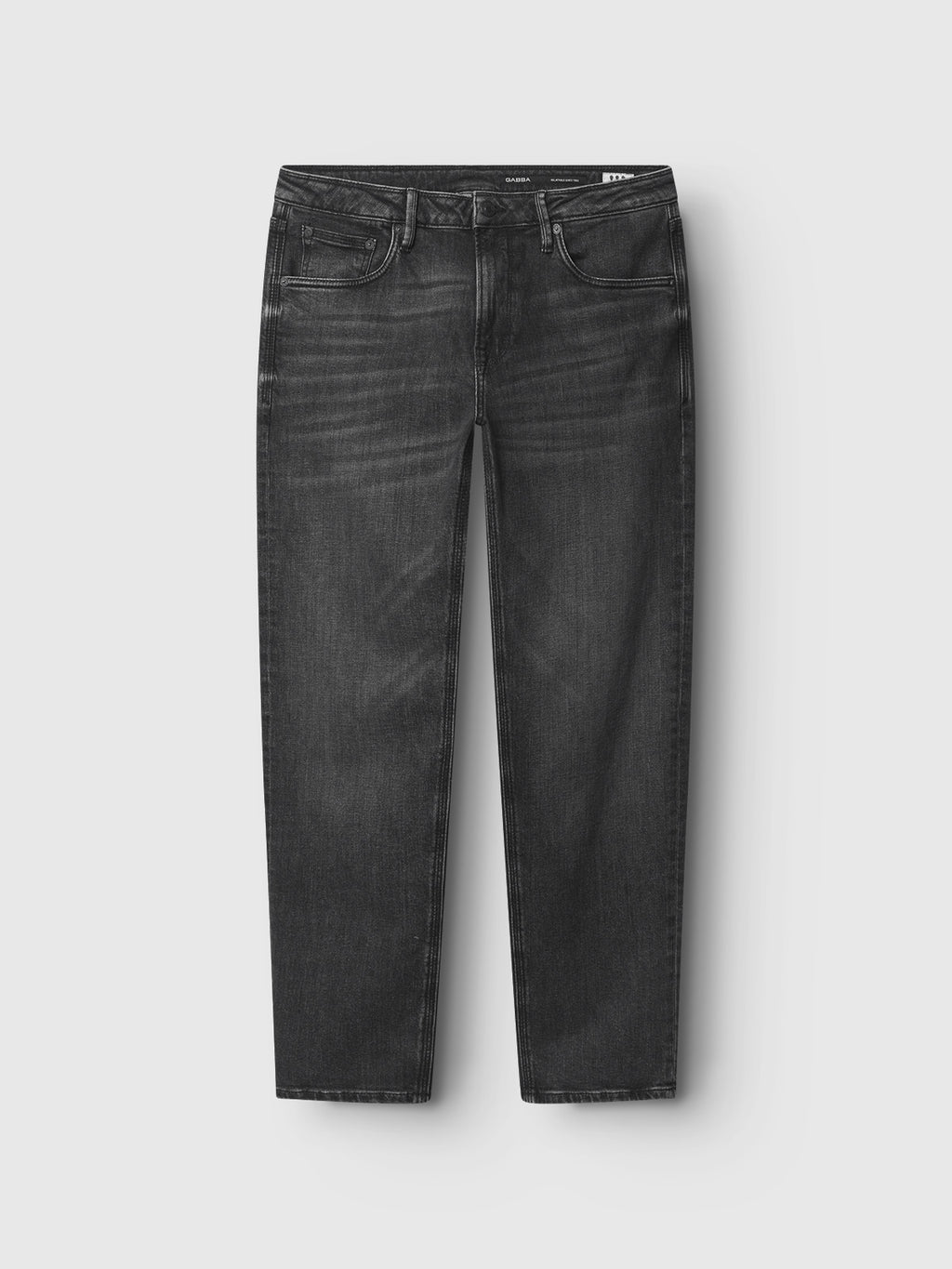 A pair of GABmax F1011 - Black Denim straight-leg jeans from Gabba, in dark gray with subtle faded detailing, crafted using innovative Wiser Wash technology and displayed flat against a light background.