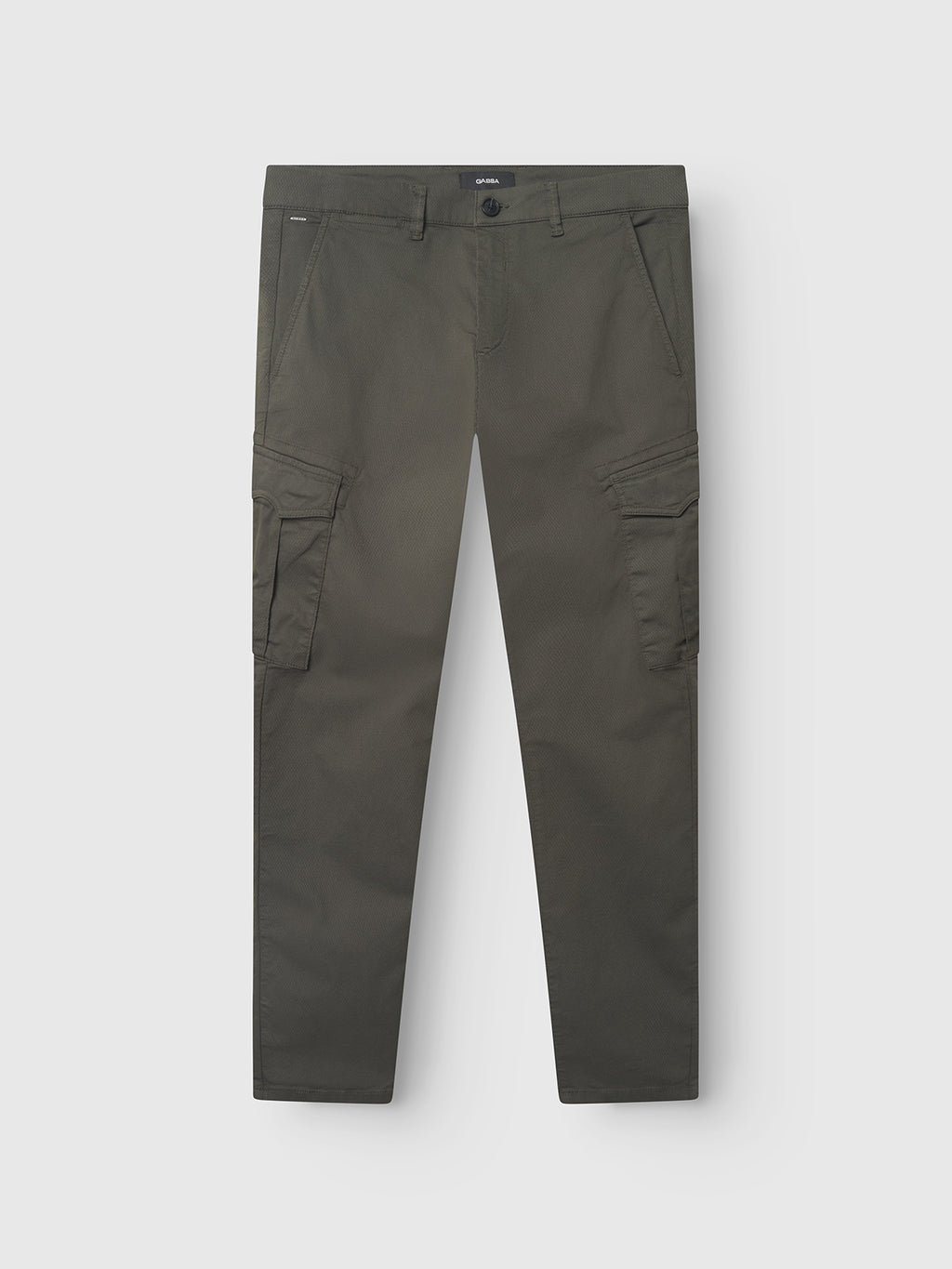 Paul K3280 Cargo Dale - Army by Gabba, army/olive green slim fit cargo pants featuring a button and zip closure, belt loops, and two spacious cargo pockets. Detailed with branded Gabba buttons. Shown laid flat against a light gray background.