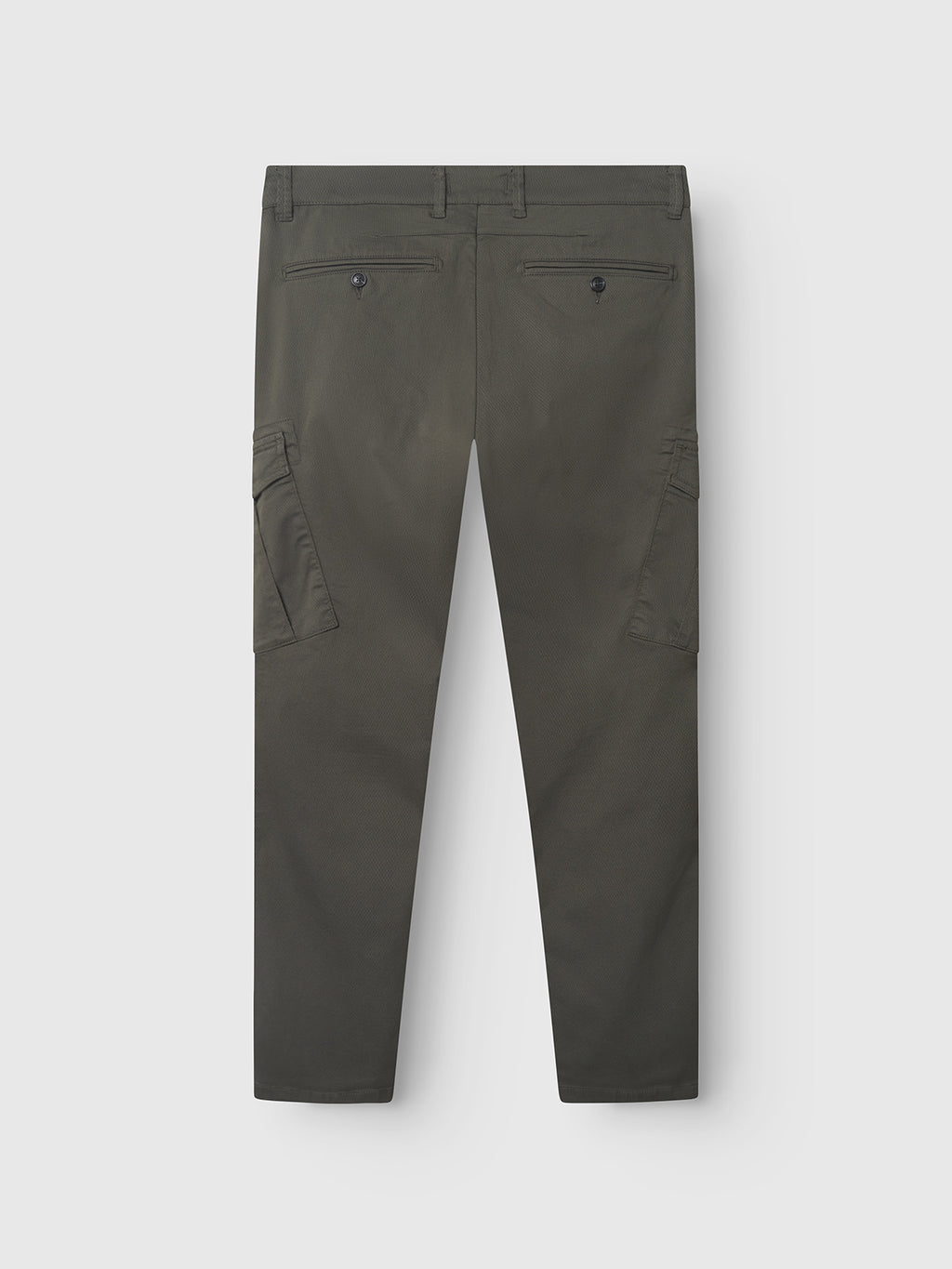 Back view of Gabba Paul K3280 Cargo Dale - Army pants in dark olive green, with two buttoned back pockets and two side cargo pockets, displayed flat on a light gray background—a modern men's fashion staple.