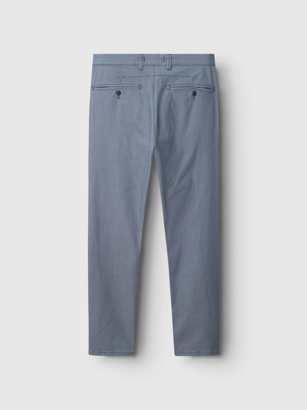 Back view of the Gabba GABpaul K3280 Dale Chino in blue, featuring belt loops, French pockets, and double-paspel buttoned back pockets, displayed on a plain white background.