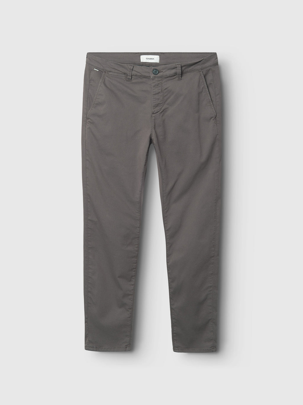 The Gabba GABpaul K3280 Dale Chino in Charcoal is a pair of slim-fit chinos displayed flat on a white background, expertly crafted from a high-stretch cotton-blend to enhance comfort and flexibility. Featuring front pockets and belt loops, these Gabba chinos are an ideal choice for everyday wear.