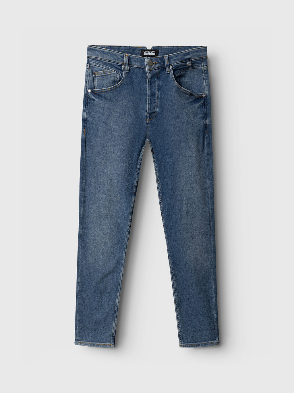 The GABBA Alex K3948 Jeans in denim wash feature a slim, fashion-forward fit with front and back pockets and a button closure, shown against a plain light gray background.