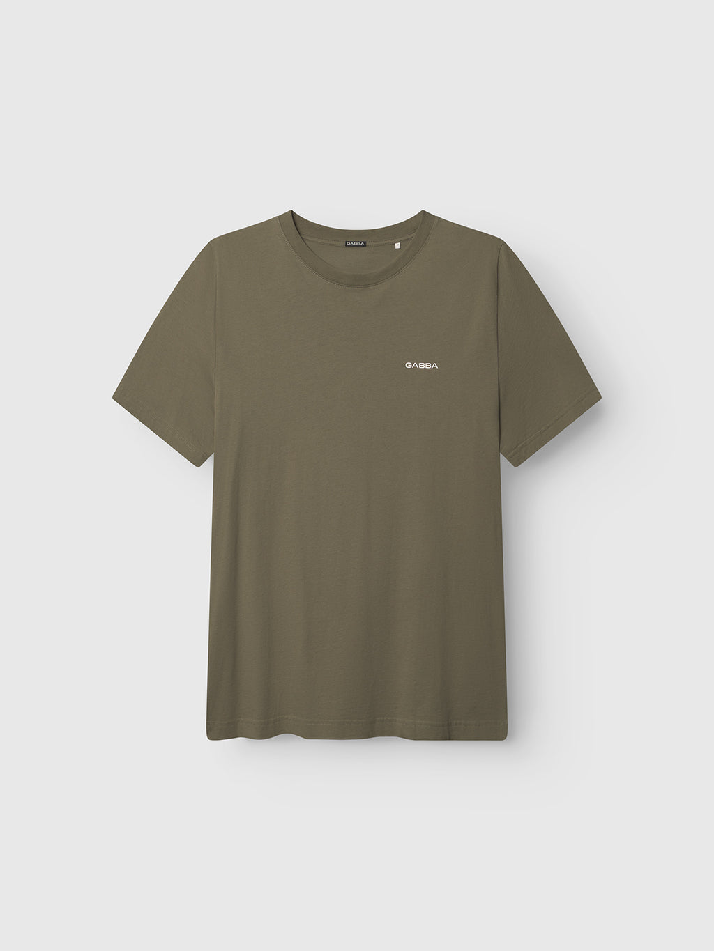 Introducing the Gabba GABdune Logo GOTS SS T-Shirt in Deep Lichen Green—a classic fit, short-sleeve t-shirt with a crew neckline. Made from GOTS-certified organic cotton, it features a small white Gabba logo on the left chest. The shirt is photographed against a plain, light gray background.