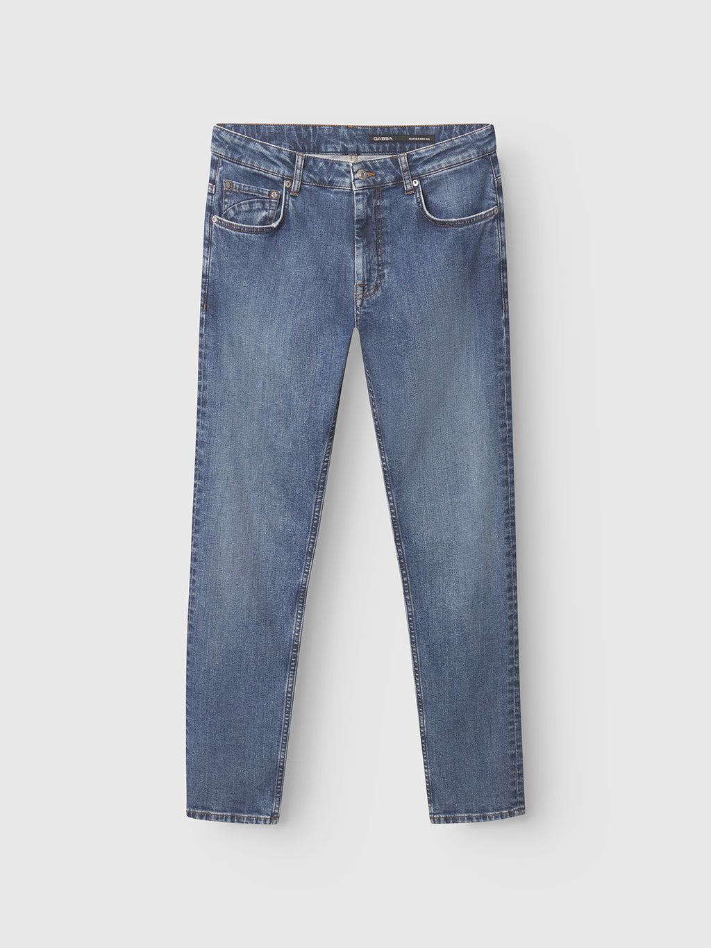 A pair of Gabba GABmarc F1010 dark blue denim jeans with a regular fit and straight leg, featuring five pockets and visible stitching, displayed flat against a light gray background.