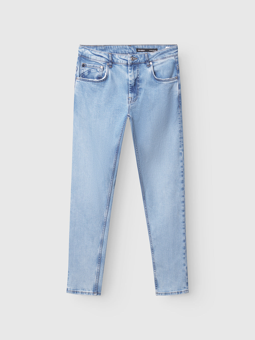 Gabba GABmarc F1012 - Lt. Blue Denim jeans in a straight fit are displayed flat on a white background, showcasing front and back pockets, a button closure, and belt loops.