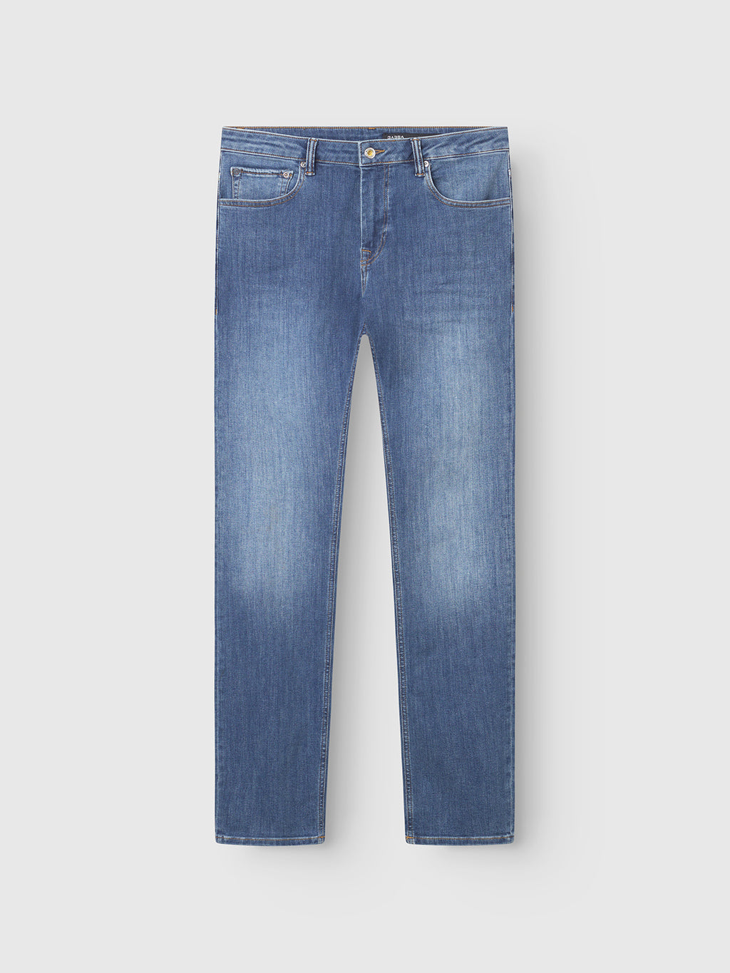 The GABjones Vanew - Mid Blue Denim jeans by Gabba are crafted from super-stretch fabric in a slim fit, featuring a classic five-pocket design, button closure, and a slightly faded finish on the thighs, laid flat on a white background.