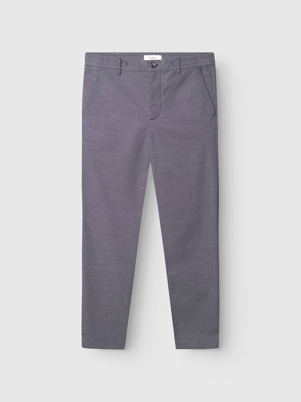 Navy dress pants with a slim fit, flat front, side pockets, and a button closure from Gabba—displayed against a plain light background—these Monza Button Carre pants offer a versatile style perfect for both professional and casual settings.