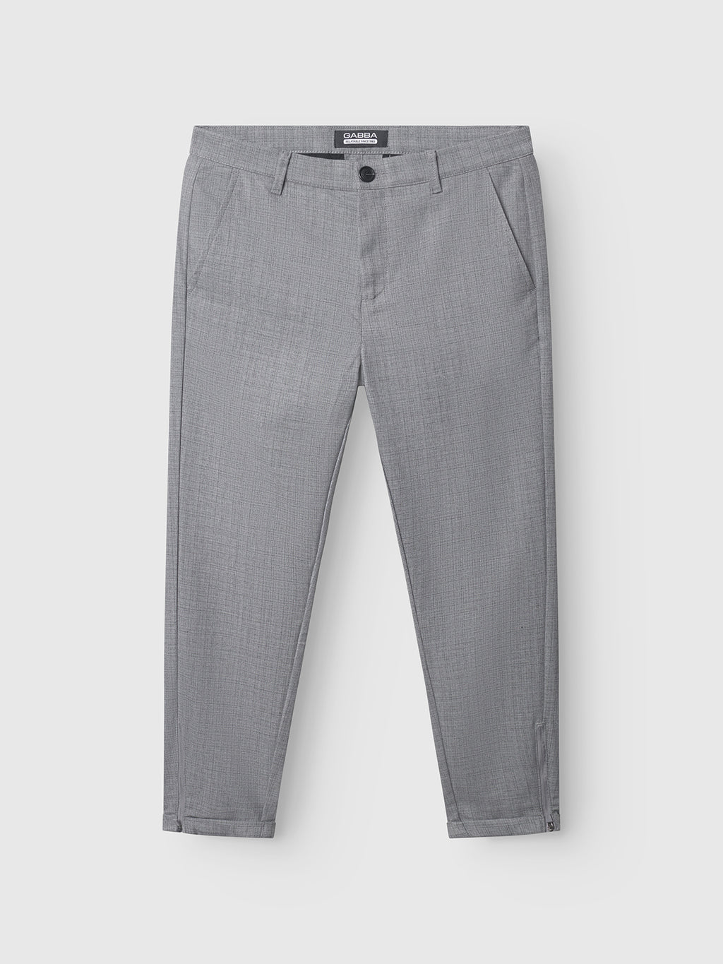 The GABBA Pisa Cross Lt Grey pants feature a metro style and slim fit, crafted from high-stretch cotton-blend fabric, with front button and zipper closure, belt loops, and slanted side pockets in light grey. Shown on a white background.