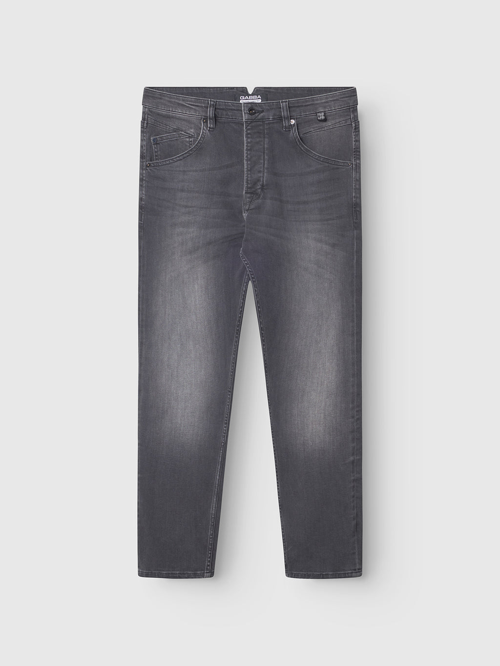 A pair of GABBA GABalex Thor Cropped Jeans in a denim wash, featuring a straight-leg silhouette, subtle fading on the front, five-pocket styling, and worker-cut waistbands for a fashion-forward fit, is laid flat on a light gray background.