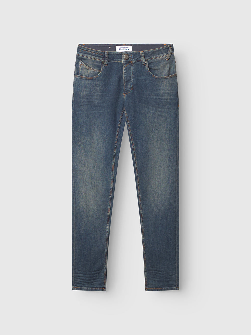The GABBA GABrey K3606 Mid Blue Jeans in mid blue denim feature a classic five-pocket design, subtle fading on the thighs and knees, and a straight-leg cut for a relaxed style, showcased against a plain white background.