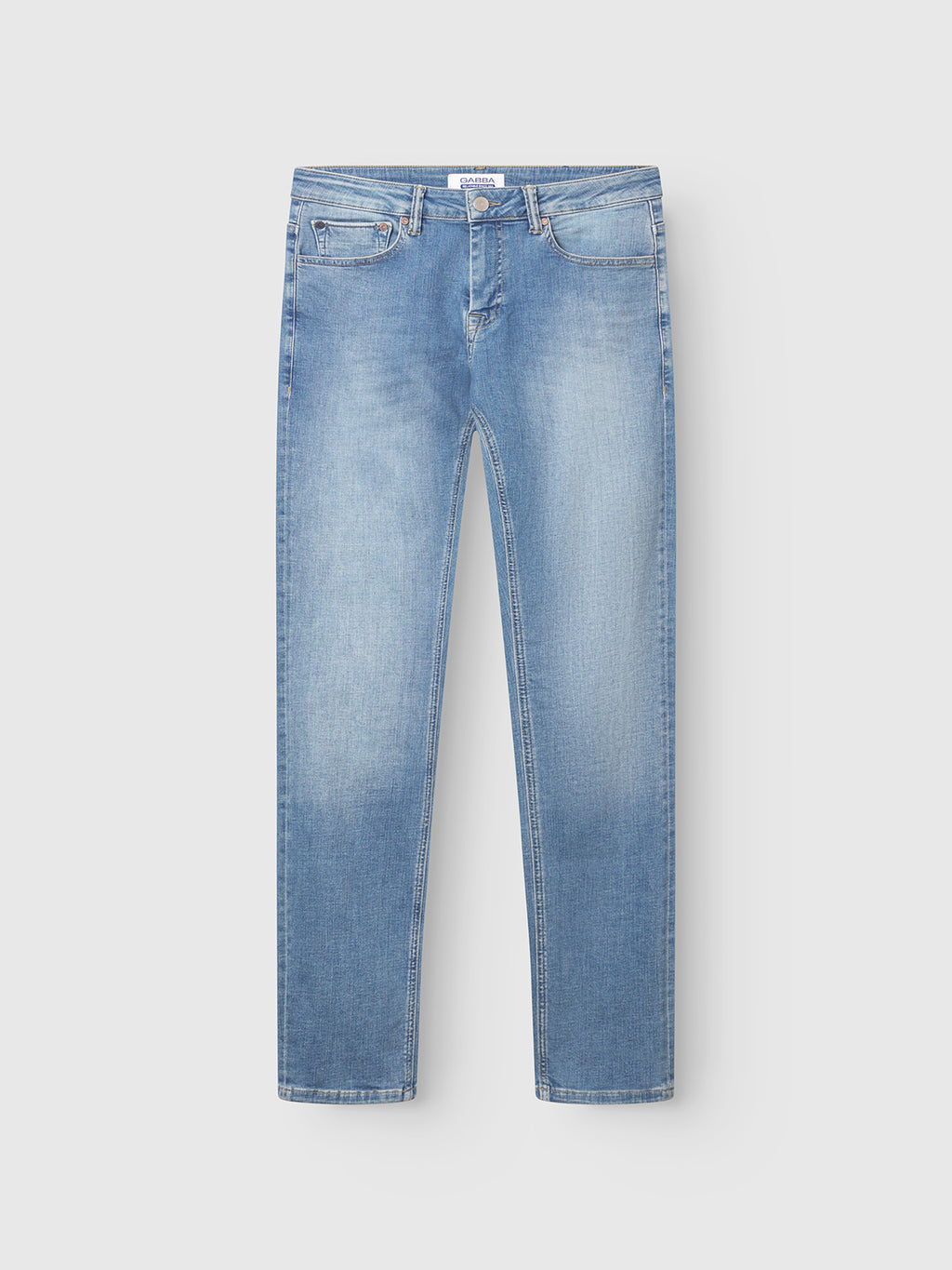 The GABBA GABjones K2615 Lt. - Denim Wash jeans feature a light blue slim-fit design with button closure, front and back pockets, and subtle faded detailing on the thighs and knees. Crafted from super-stretch fabric for exceptional flexibility, these jeans are displayed laid flat against a white background.