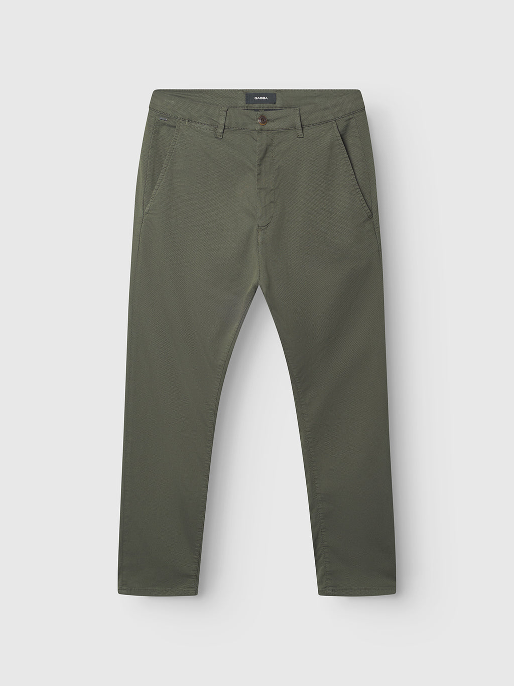 The GABBA GABpaul K3280 Dale Chino - Army features an olive green slim-fit silhouette crafted from a high-stretch cotton-blend fabric, complete with side pockets and a button closure. Perfect for everyday wear, it is showcased flat against a light background.