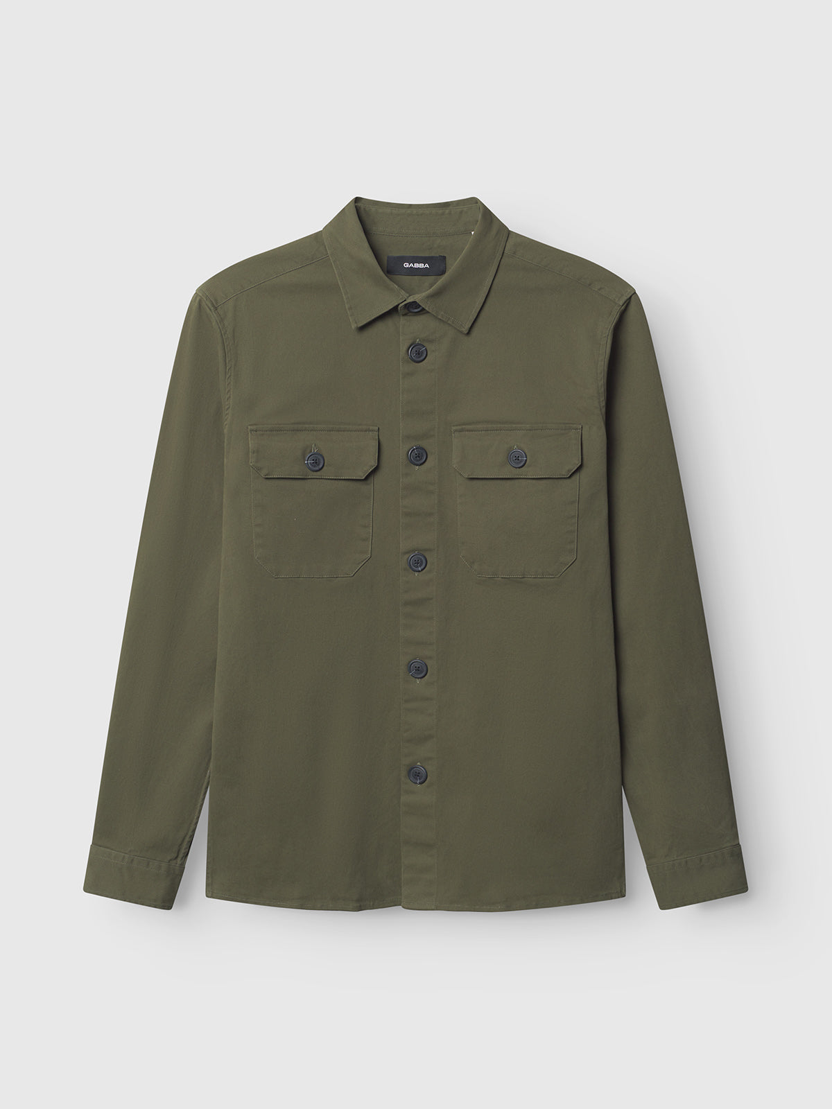 The GABBA GABtopper LS Shirt - Army is an olive green, long-sleeve overshirt with two button-flap chest pockets, a classic collar, and dark buttons, shown against a plain white background.