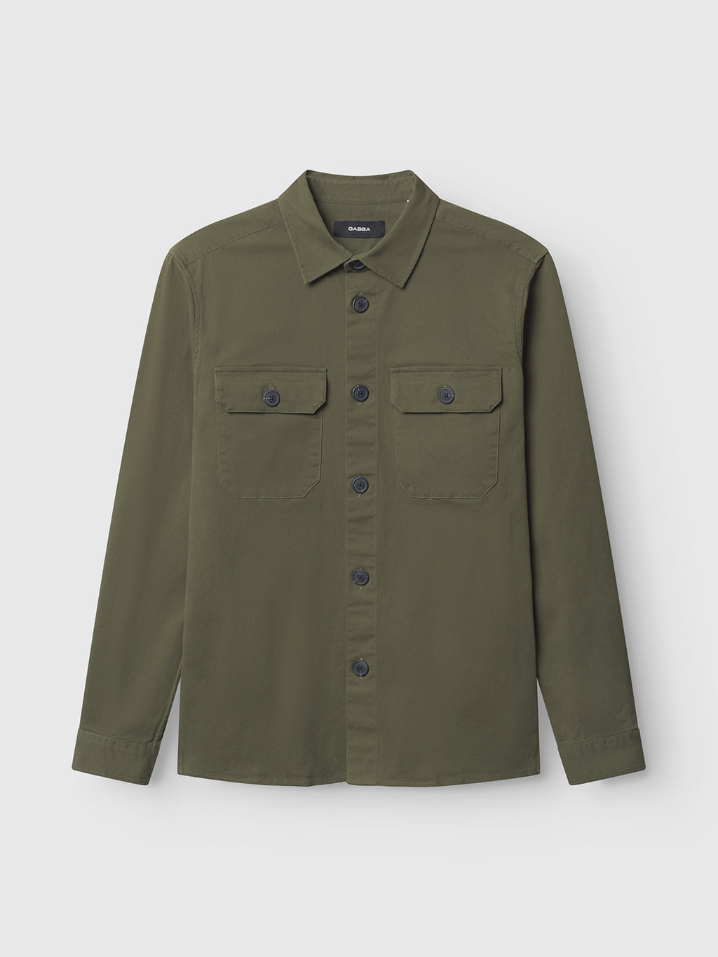 The GABBA GABtopper LS Shirt - Army is an olive green, long-sleeve overshirt with two button-flap chest pockets, a classic collar, and dark buttons, shown against a plain white background.