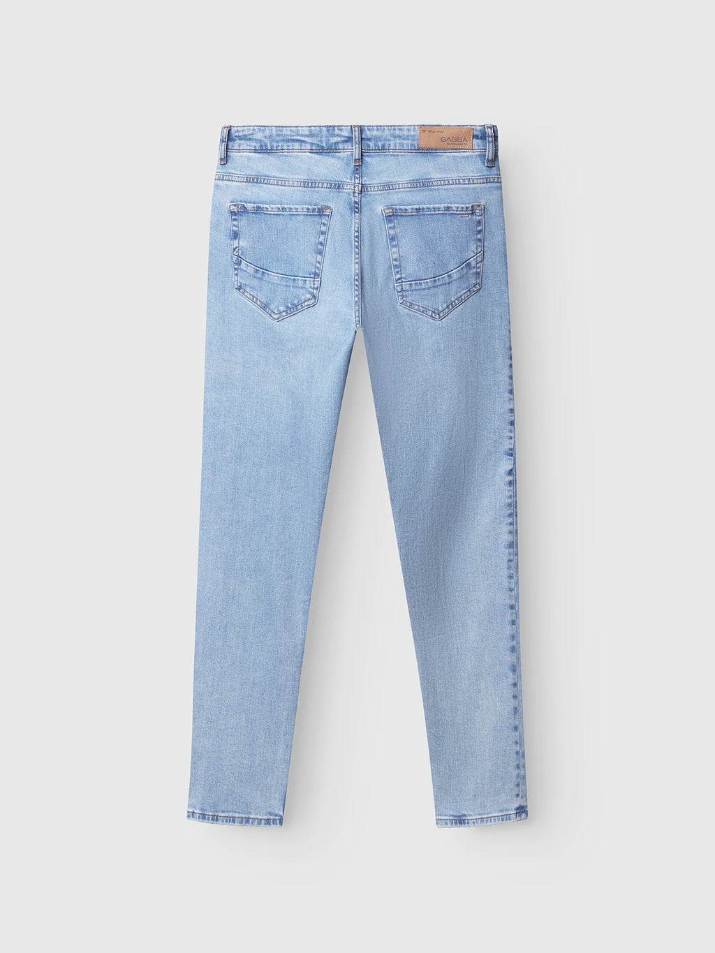 Gabba GABmarc F1012 Lt. Blue Denim classic fit jeans, shown from the back with two rear pockets, belt loops, and a tan leather patch on the waistband. Straight-leg style displayed against a plain white background.