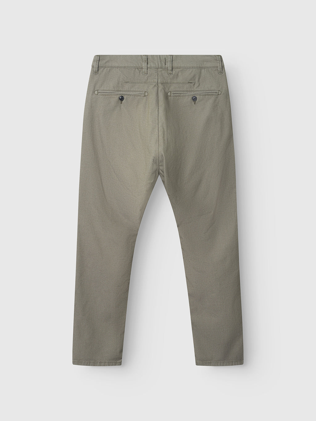 Back view of the Gabba GABpaul K3280 Dale Chino in olive green, featuring belt loops, side French pockets, two buttoned back welt pockets, and a slim leg opening, shown against a plain white background.