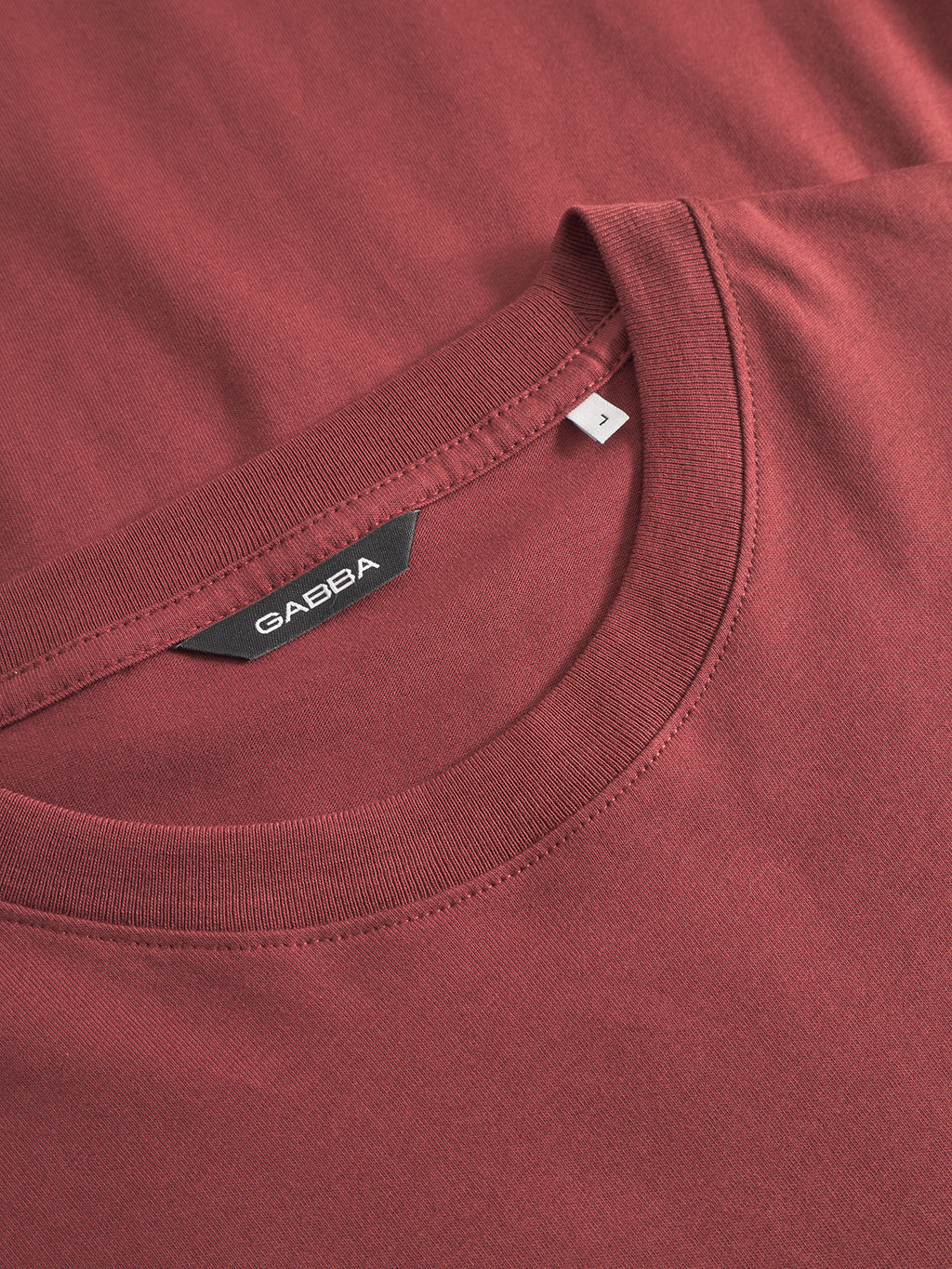 A close-up of the Gabba GABdune Logo GOTS SS T-Shirt in Red Russet shows a soft, smooth fabric and round neckline. Inside the collar, a black Gabba label and a white size M tag are visible.