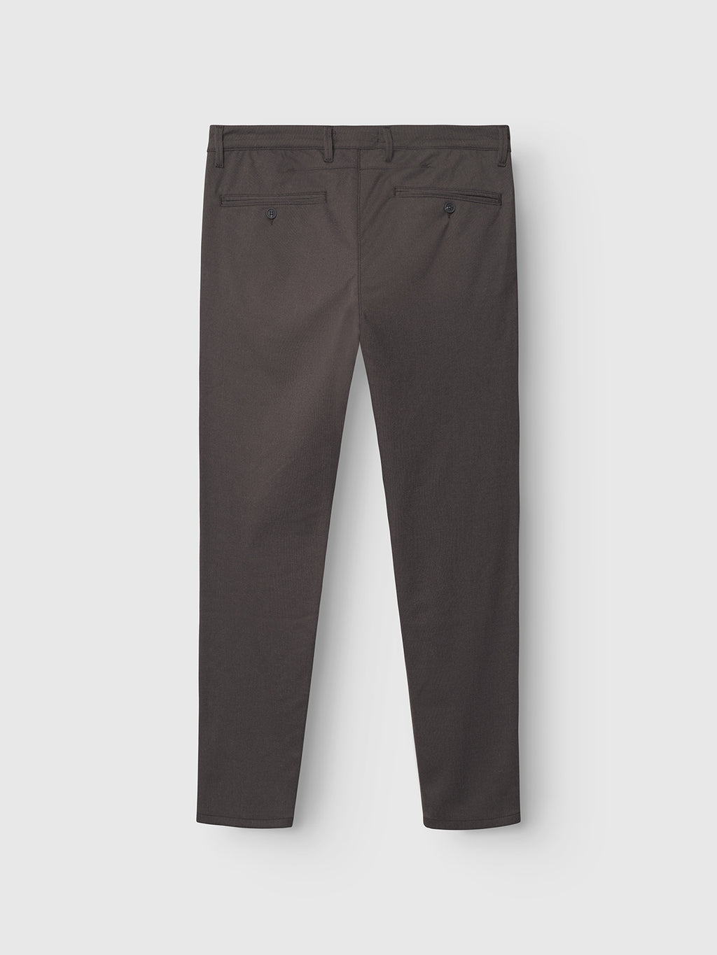 The Paul Domo - Dk. Brown slim chino pant by Gabba is shown flat from the back against a light background, featuring two buttoned welt pockets, branded buttons, and straight legs.