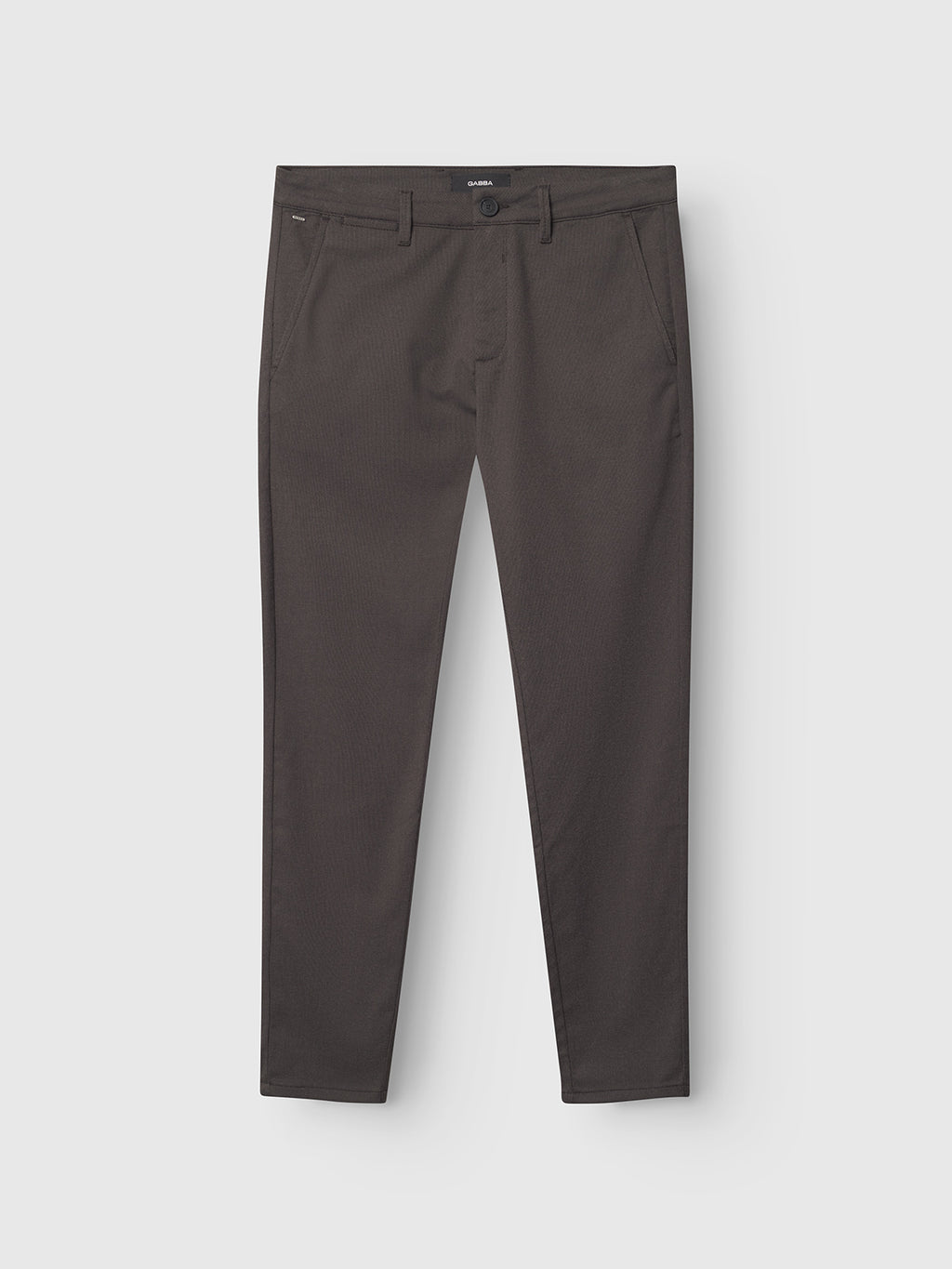 The Gabba Paul Domo - Dk. Brown slim chinos feature branded buttons, belt loops, a front button and zip closure, and French pockets, shown against a plain white background.