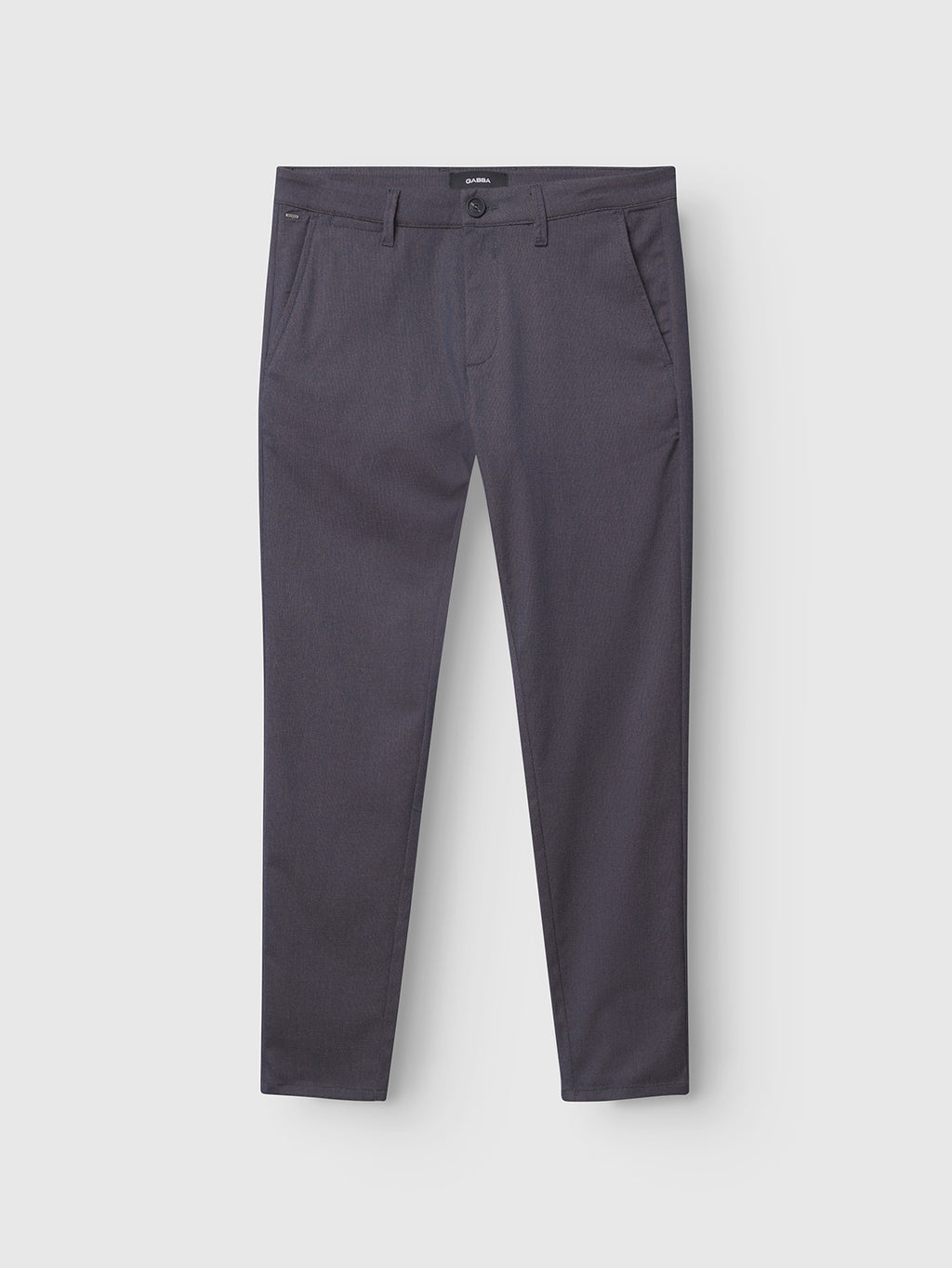 A pair of Gabba Paul Domo slim-fit chino pants in dark navy melange, featuring French pockets, belt loops, and a branded button closure, laid flat on a light gray background.