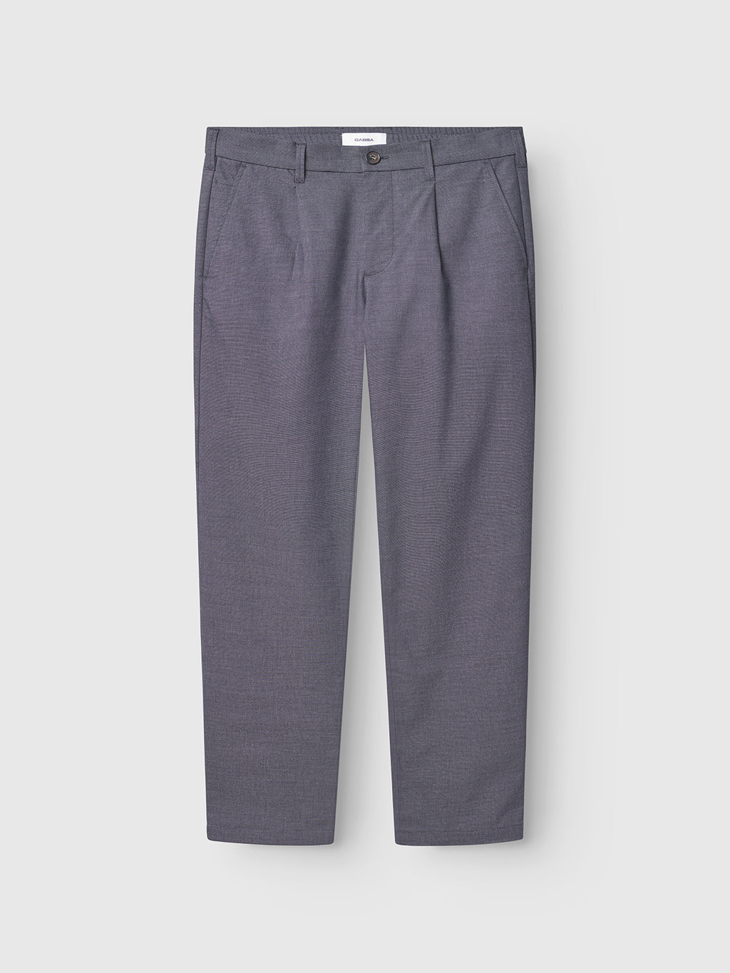 A pair of Gabba Napoli 19 Carre pants in navy with belt loops, side pockets, and a front button and zipper closure, showcasing a timeless design against a plain white background.