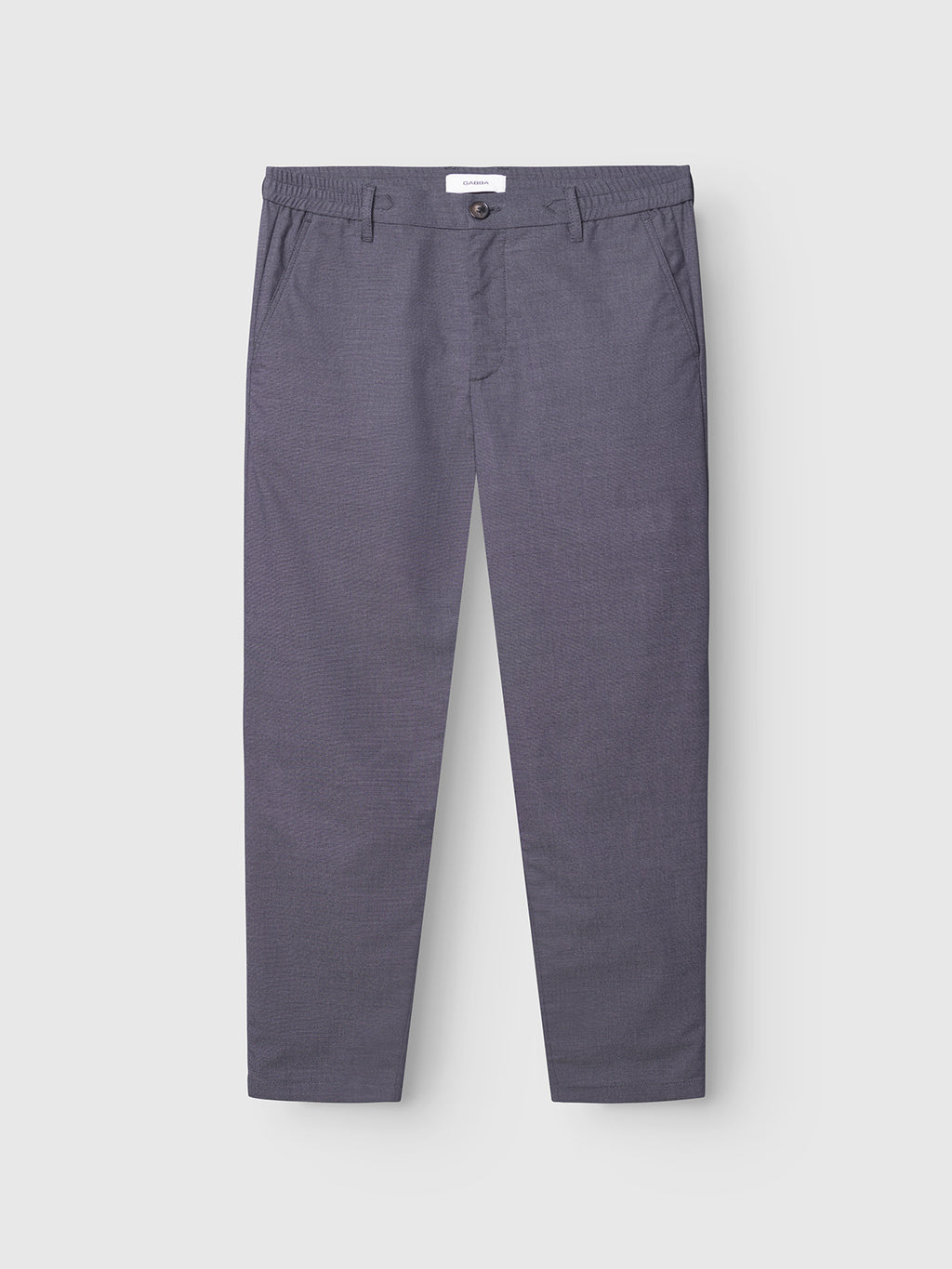 The Gabba Monza Button Carre pants in navy feature a relaxed straight fit, side pockets, belt loops, and a button closure, showcased on a plain light gray background for versatile style.