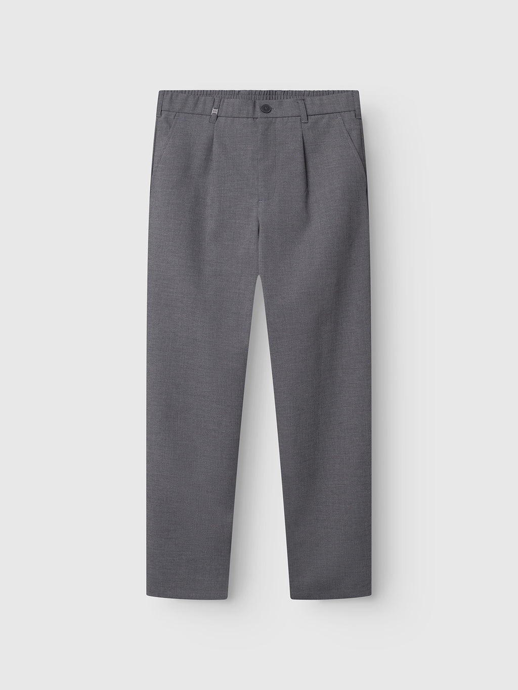 A pair of Gabba GABnapoli 19 Phin GRS dress pants in dark grey wool blend, featuring a button and zipper closure, elasticated back waistband, and side pockets, displayed flat against a light gray background.