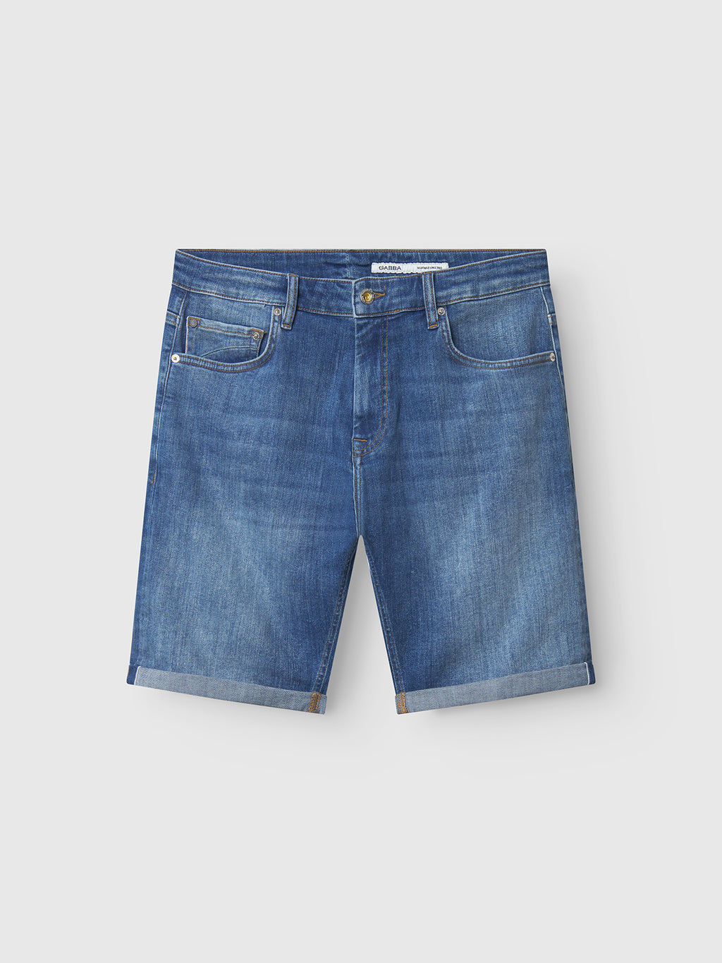 The Markus Selvedge Shorts Limited - Mid Blue Denim by Gabba feature a classic five-pocket design and rolled-up hems, crafted from recycled cotton for comfort, displayed flat on a light gray background.